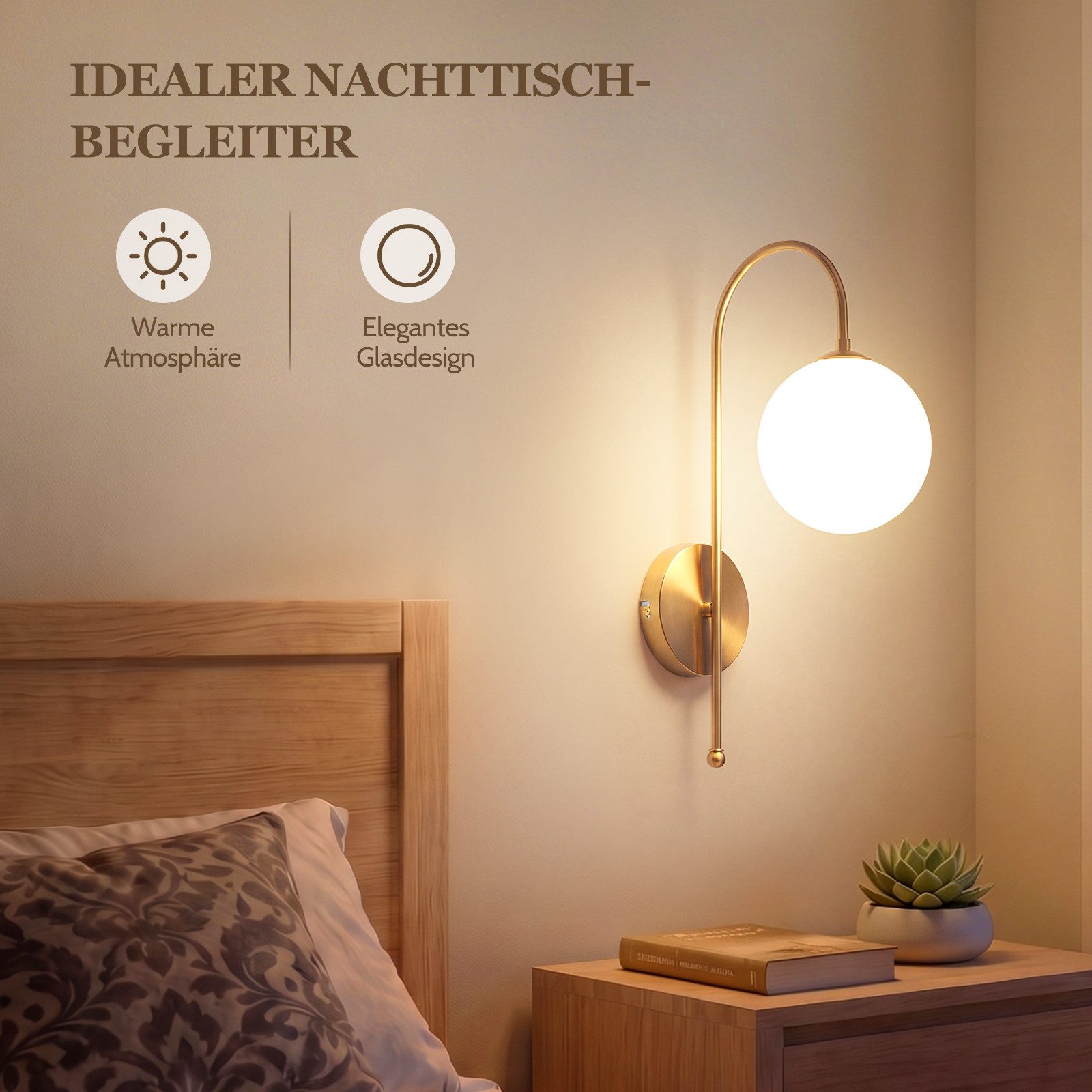 Nettlife Wandleuchte Gold Glaskugel 24cm G9 Vintage Wandbeleuchtung aus Metall, ohne Leuchtmittel, für Wohnzimmer Flur Schlafzimmer Dekorative Wandlampe