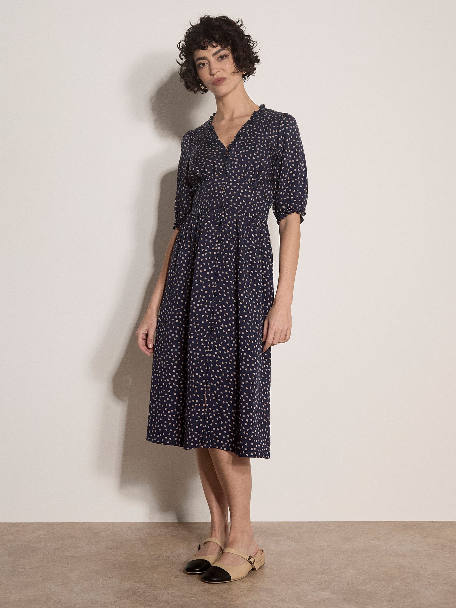 Apricot Midikleid Polka-Dot Rüschenkleid Gemustert
