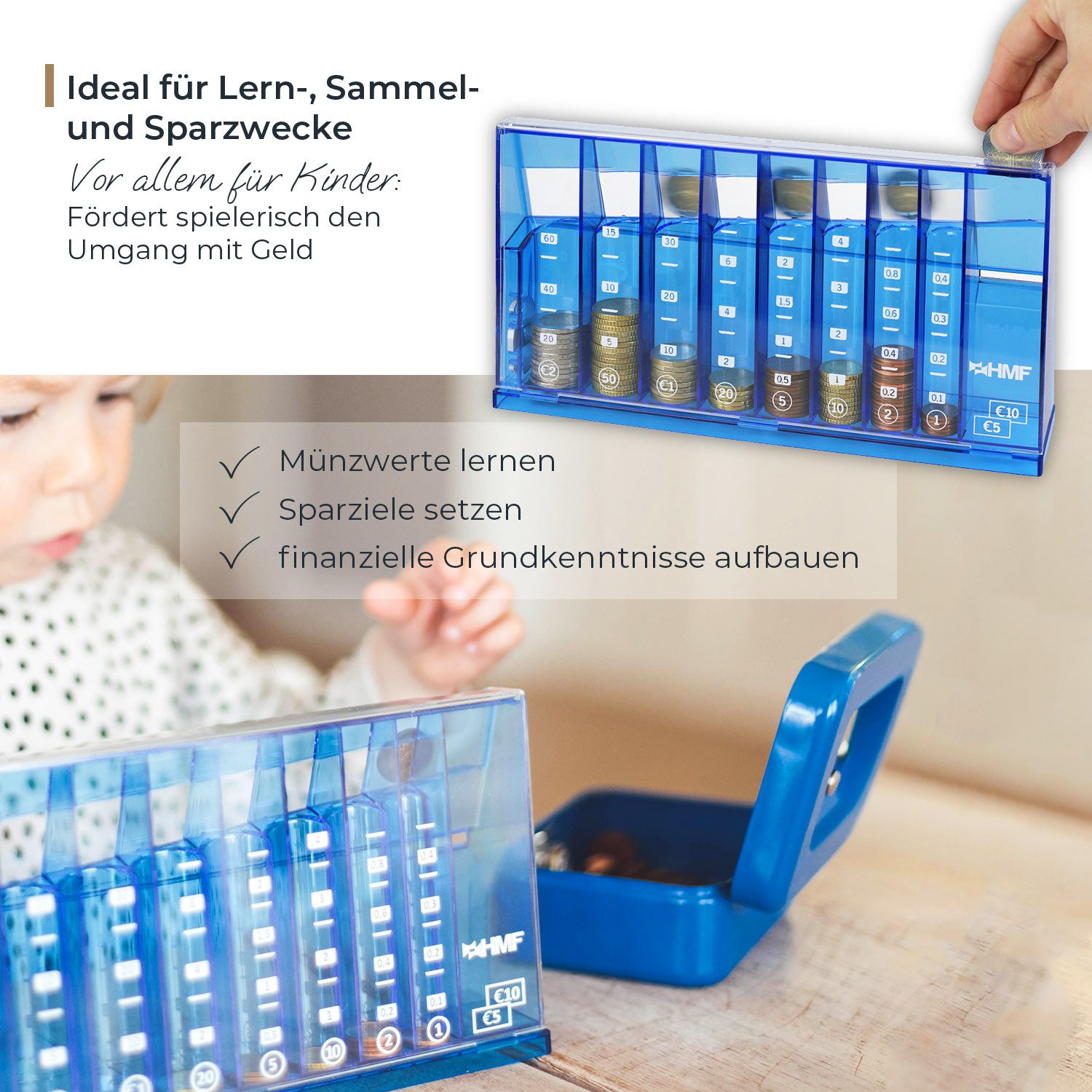 HMF Spardose Münzzähler mit automatischer Sortierung zur Kleingeld Aufbewahrung, Münzsortierer mit Werteskala als Spardose Kinder, 24 x 12 x 5 cm, Blau – Bild 4 von 5