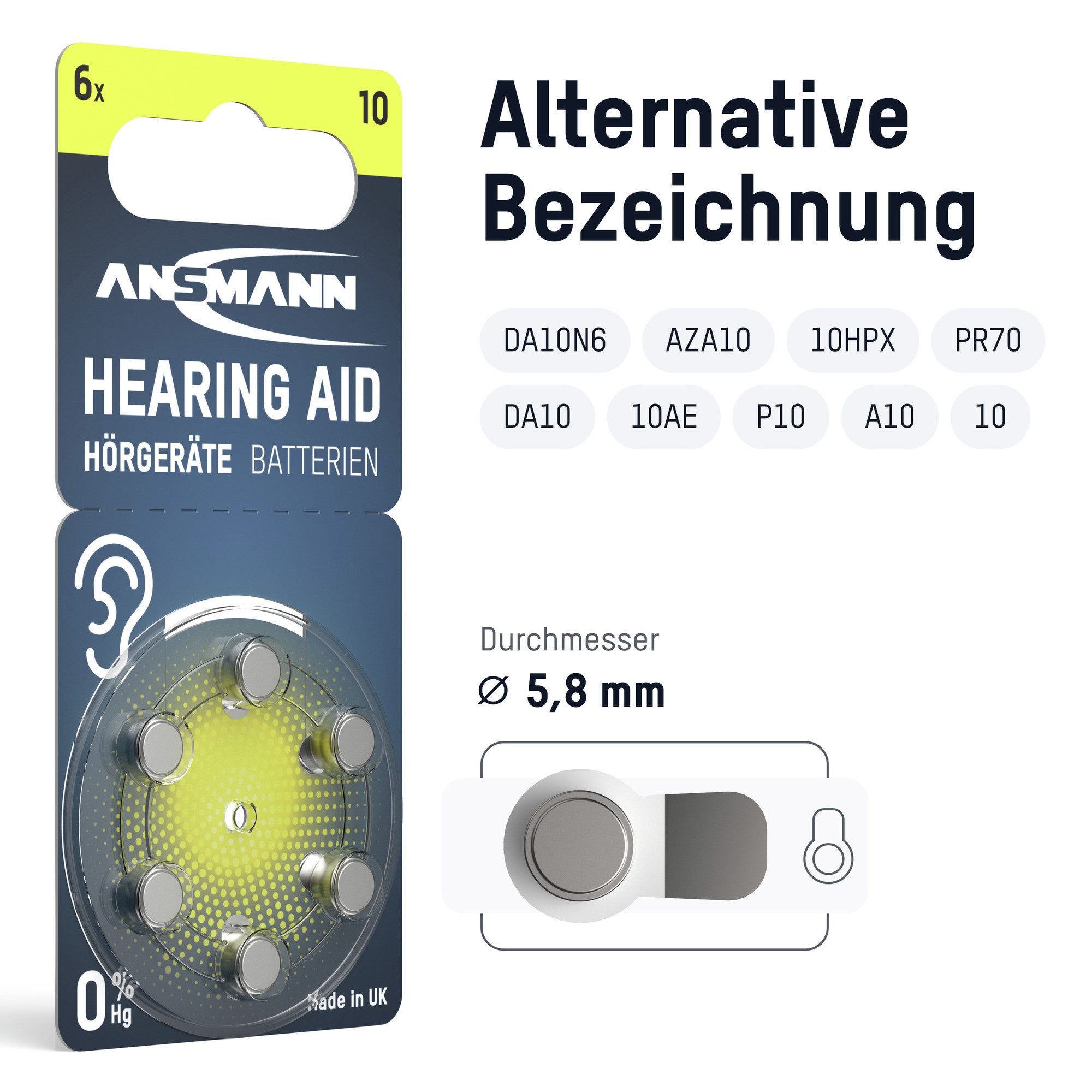 ANSMANN AG Hörgerätebatterien 10 gelb PR70,120 Stück Knopfzelle