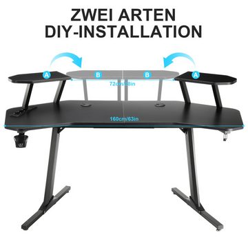 OULENBIYAR Gamingtisch Gaming Schreibtisch Ergonomischer Gamer Desk, 160 x 60x 72 cm, mit 2 Ständern ausgestattet, Kopfhörerhaken und Getränkehalter