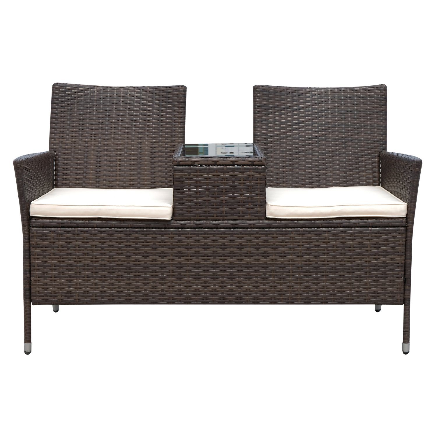 Outsunny Polyrattan Sitzbank 2-Sitzer mit Tisch Gartenbank Stahlrahmen Brau günstig online kaufen
