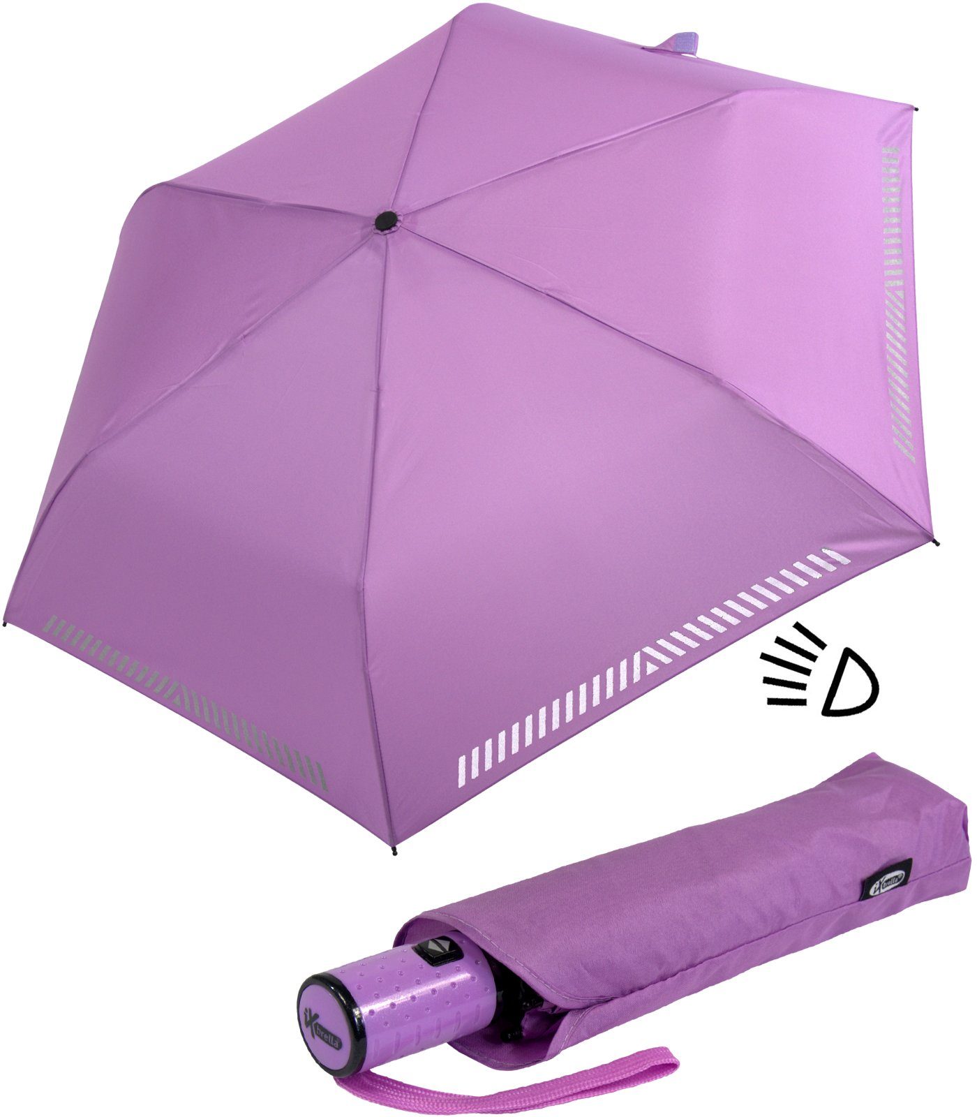 reflektierend, durch iX-brella Sicherheit Taschenregenschirm Auf-Zu-Automatik, Kinderschirm Reflex-Streifen - hell-lila mit