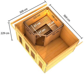 Karibu Saunahaus Maiko 2B, BxTxH: 369 x 309 x 229 cm, 38 mm, (Set) Ofen 9 kW Bio ext. Strg.