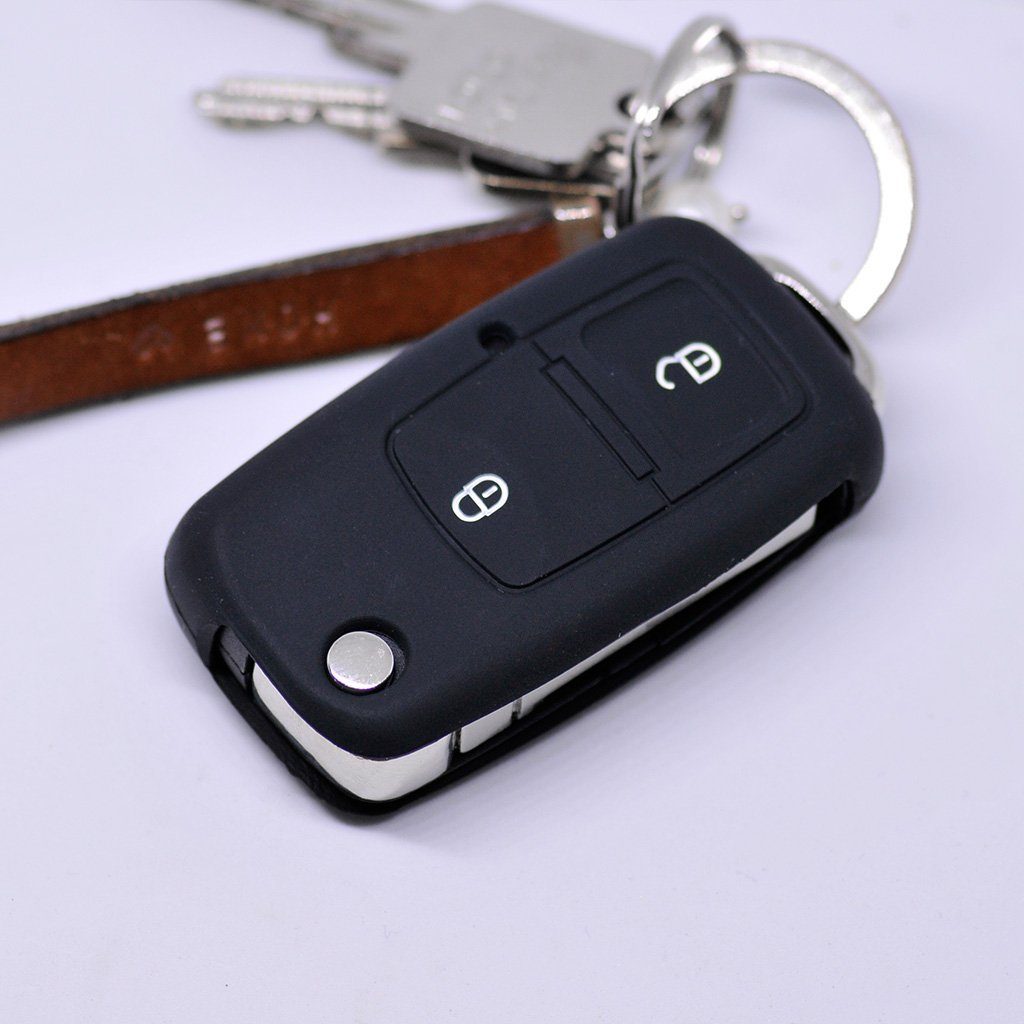 mt-key Schlüsseltasche Autoschlüssel Softcase Silikon Schutzhülle Schwarz, für VW Golf Polo Fox EOS Jetta SEAT Skoda bis 2009 2 Tasten Schlüssel