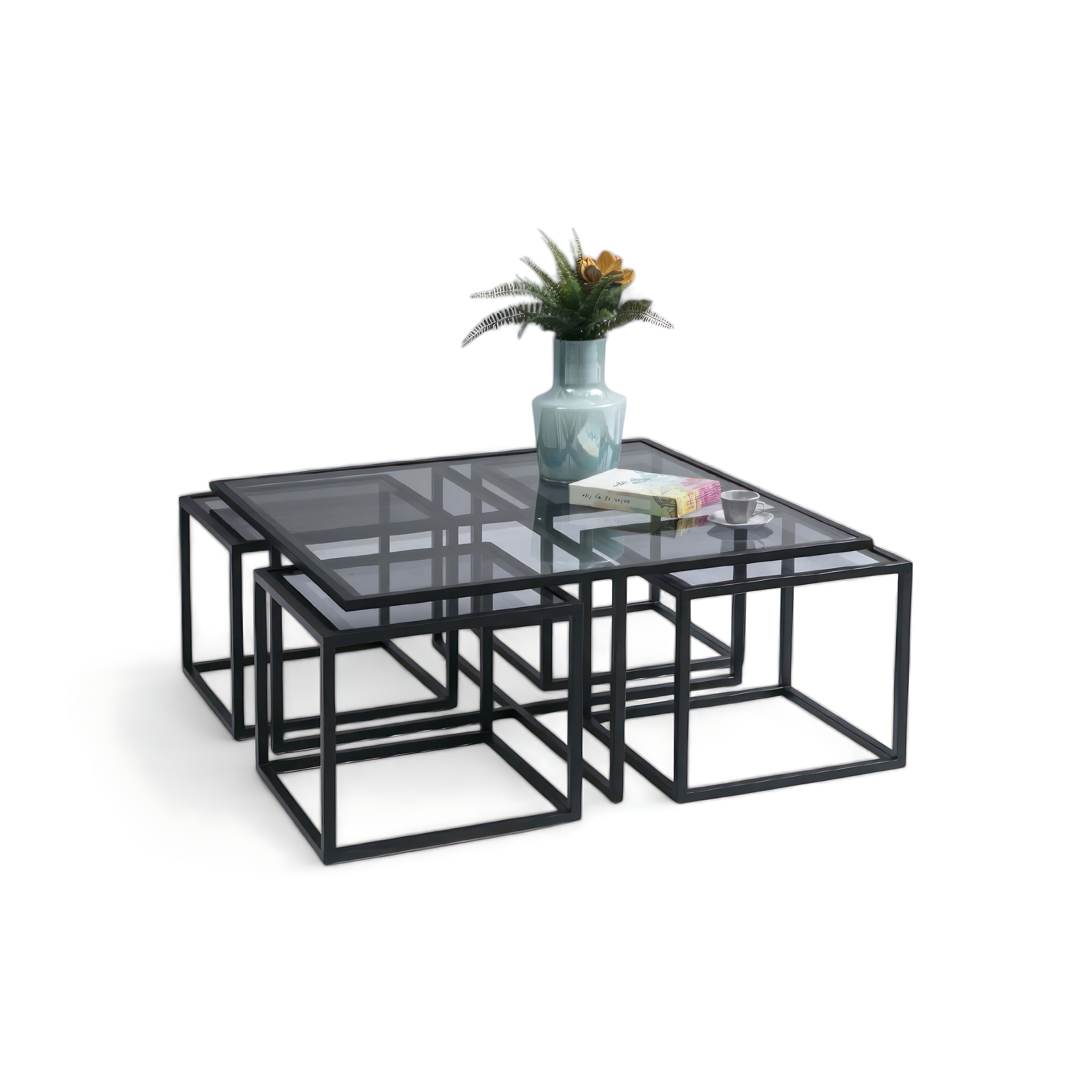 JVmoebel Satztisch Loft-Couchtisch mit Glasoberflächen und schwarzem Metallrahmen (Couchtisch, 4x Beistelltisch), Made in Europe