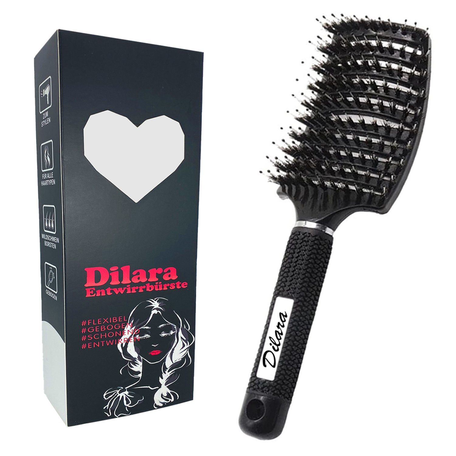 Dilara Haarbürste PREMIUM Haarbürste Entwirrkamm Wildschweinborsten für alle Haartypen Schwarz