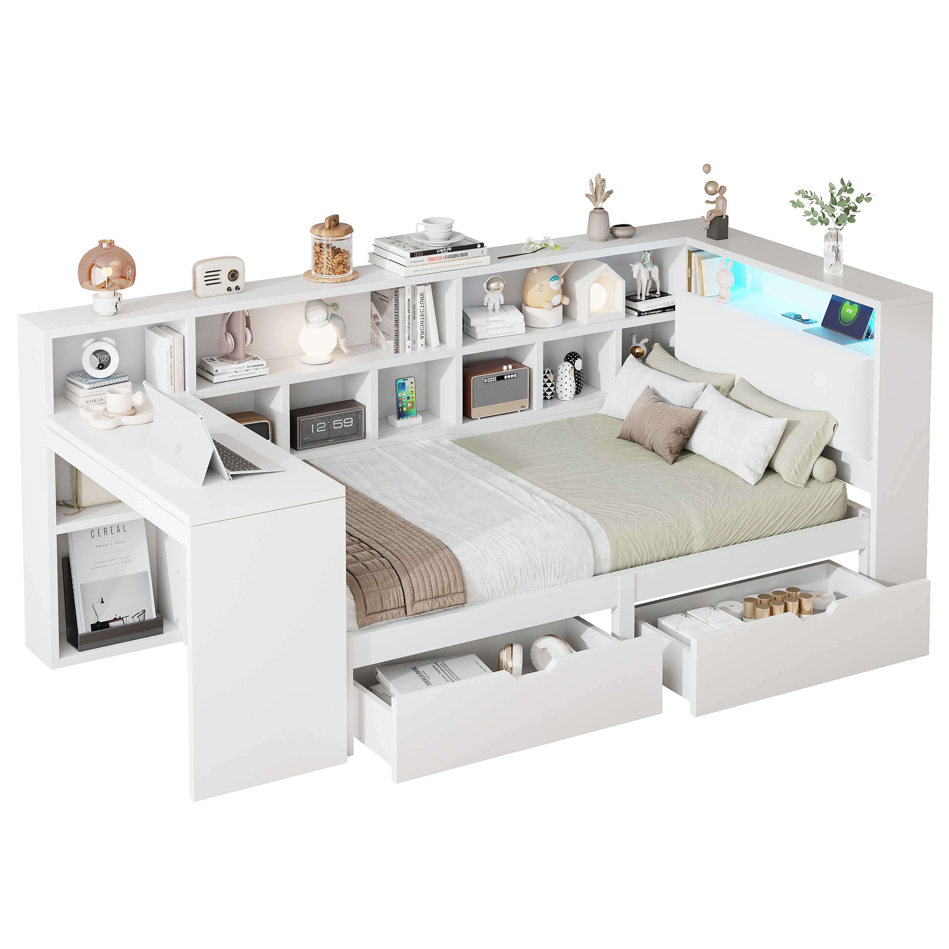 BlingBin Stauraumbett Daybett Tagesbett Einzelbett Kinderbett Jugendbett (1-tlg., mit Schreibtisch, Bücherregal, Stauraum, gepolstertem Kopfteil und LED), Multifunktionales 90×200 für Jugendzimmer, Studentenwohnung