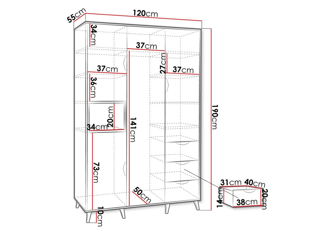 MIRJAN24 Kleiderschrank Joker 01 (4-Drehtüren und 3-Schubladen) mit Kleiderstange, Rollgleitschienen, Skandinavisch