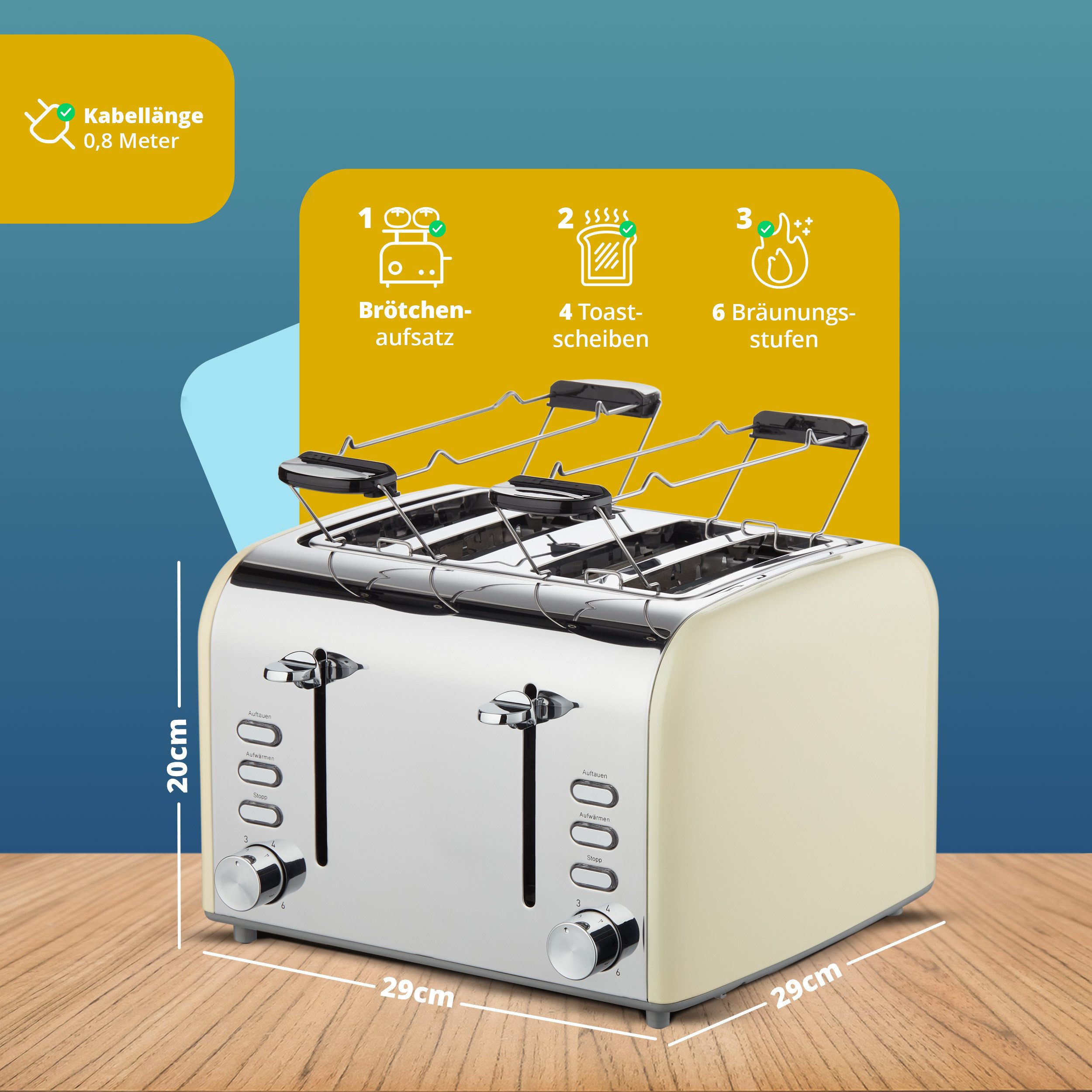KHG Toaster 4-Scheiben-Toaster Creme mit 1600 W und 6 Röstgradstufen, 4 kurze Schlitze, für 4 Scheiben, 1600 W, Cool Touch Gehäuse, Auftau- & Aufwärmfunktion, Abschaltautomatik