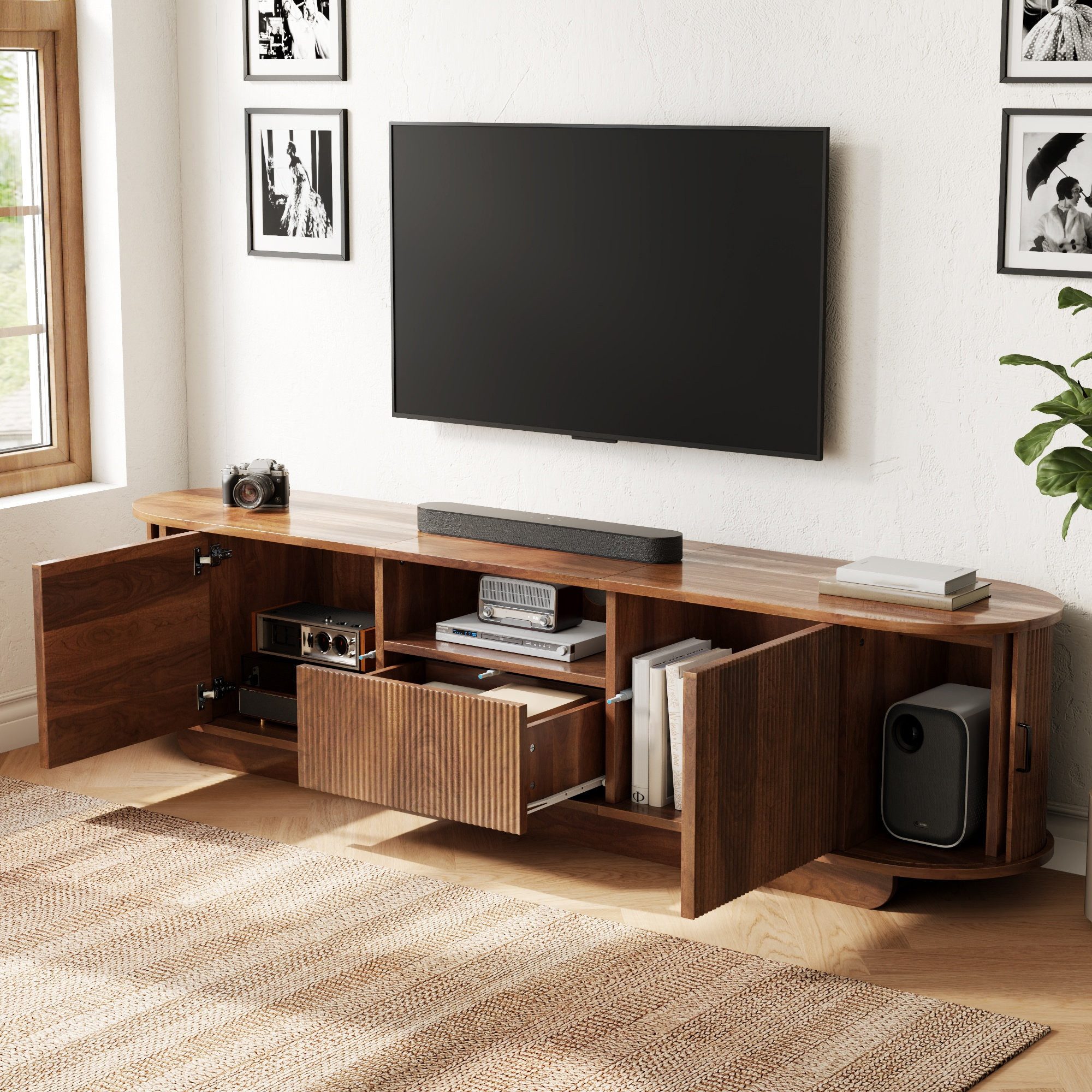 Odikalo TV-Schrank Lowboard Fernsehschrank abgerundete mit Schiebetüren Offenes Fach (180Lx40Bx50H(cm) TV Lowboard mit Schiebetüren 3D-Wellenstruktur TV Schrank mit Türen Schublade Offenes Fach Fernsehtisch Wohnzimmer Sideboard)