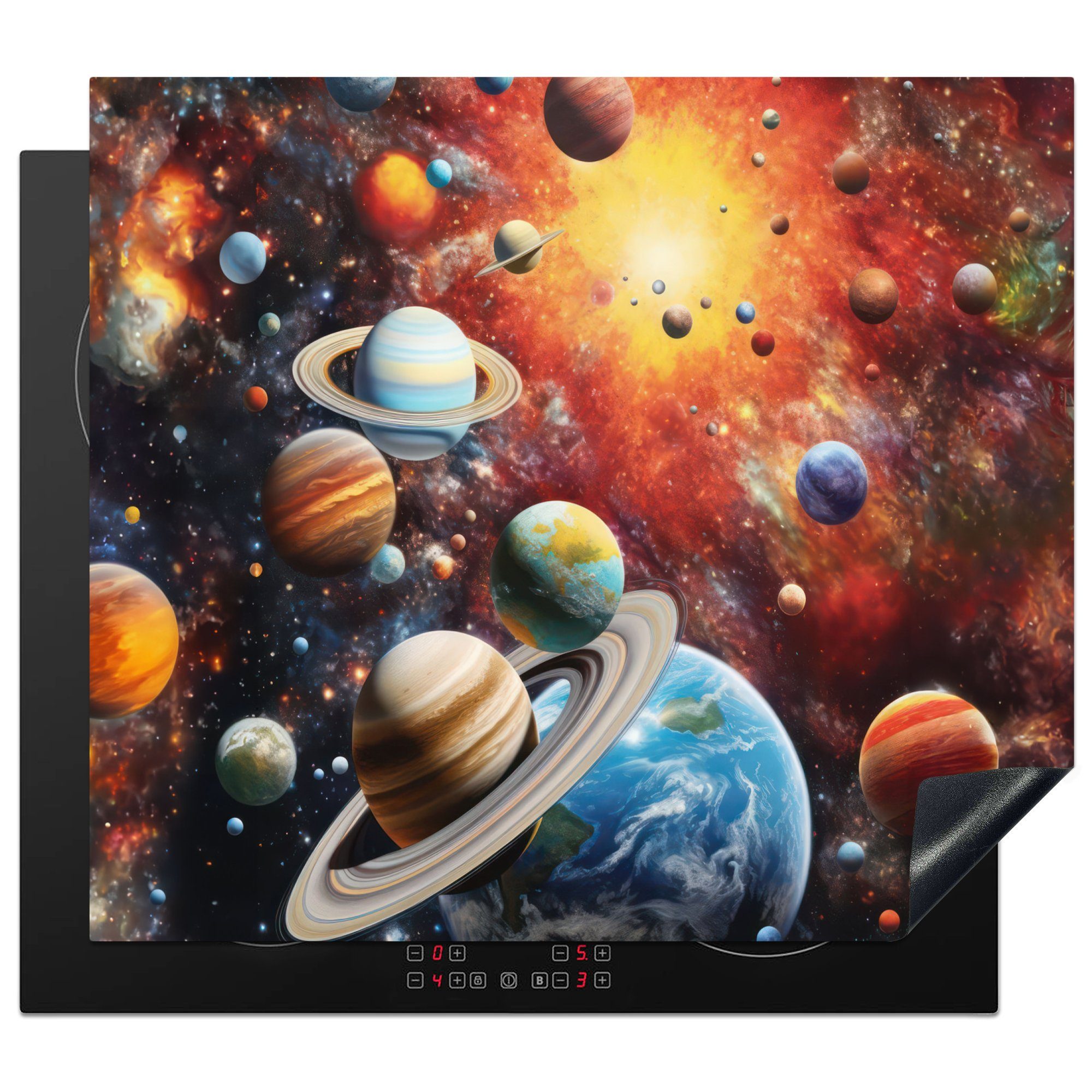 MuchoWow Herdblende-/Abdeckplatte Planeten - Universum - Neon - Weltraum, Vinyl, (1 tlg), 60x52 cm, Mobile Arbeitsfläche nutzbar, Ceranfeldabdeckung