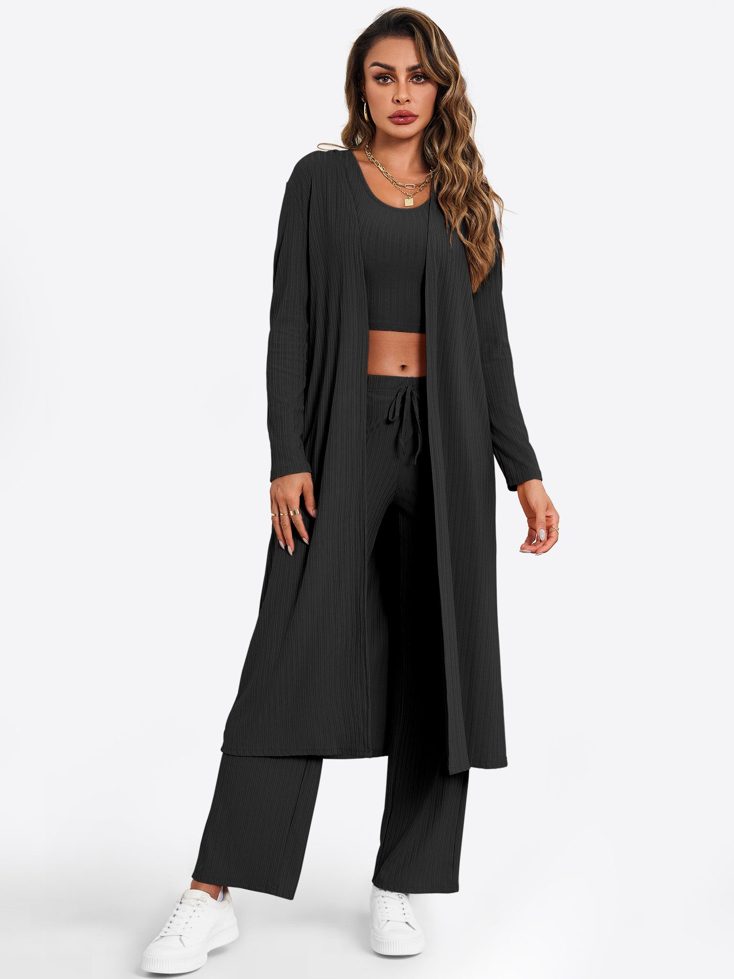 Imily Bela Hausanzug Damen 3-teilige Lounge-Sets Пижамы (set, 3 tlg., Weste mit Rundhalsausschnitt + Hose + langärmelige Strickjacke) Volltonfarbe