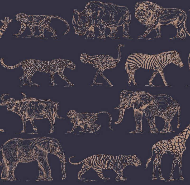 Art for the home Vliestapete Safari, animal print, (1 St), Dunkelblau - 10mx53cm