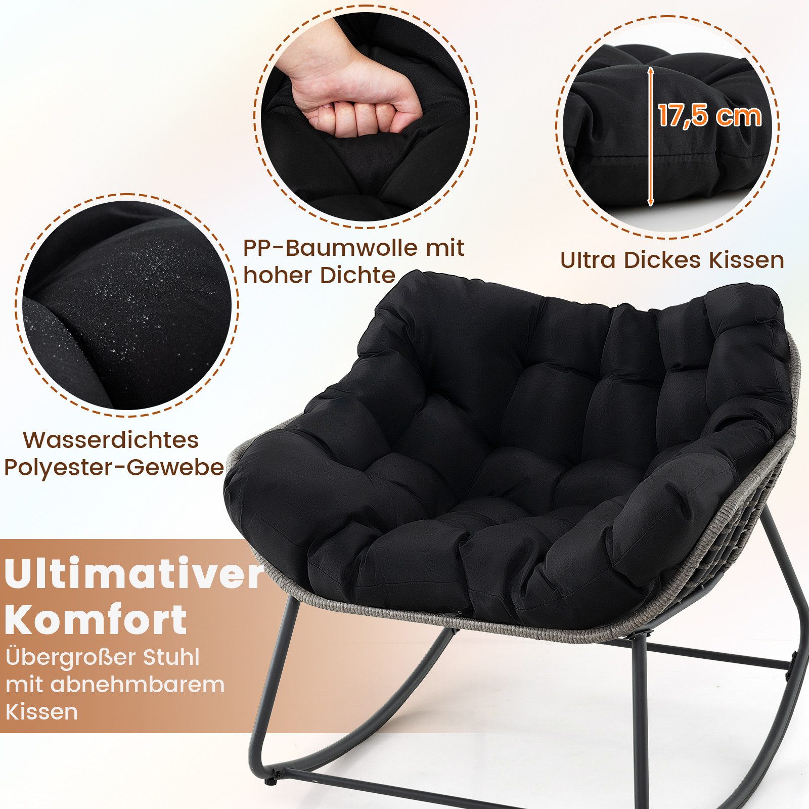 COSTWAY Schaukelstuhl (1 St), Rattanstuhl mit dickem & abnehmbarem Kissen, günstig online kaufen