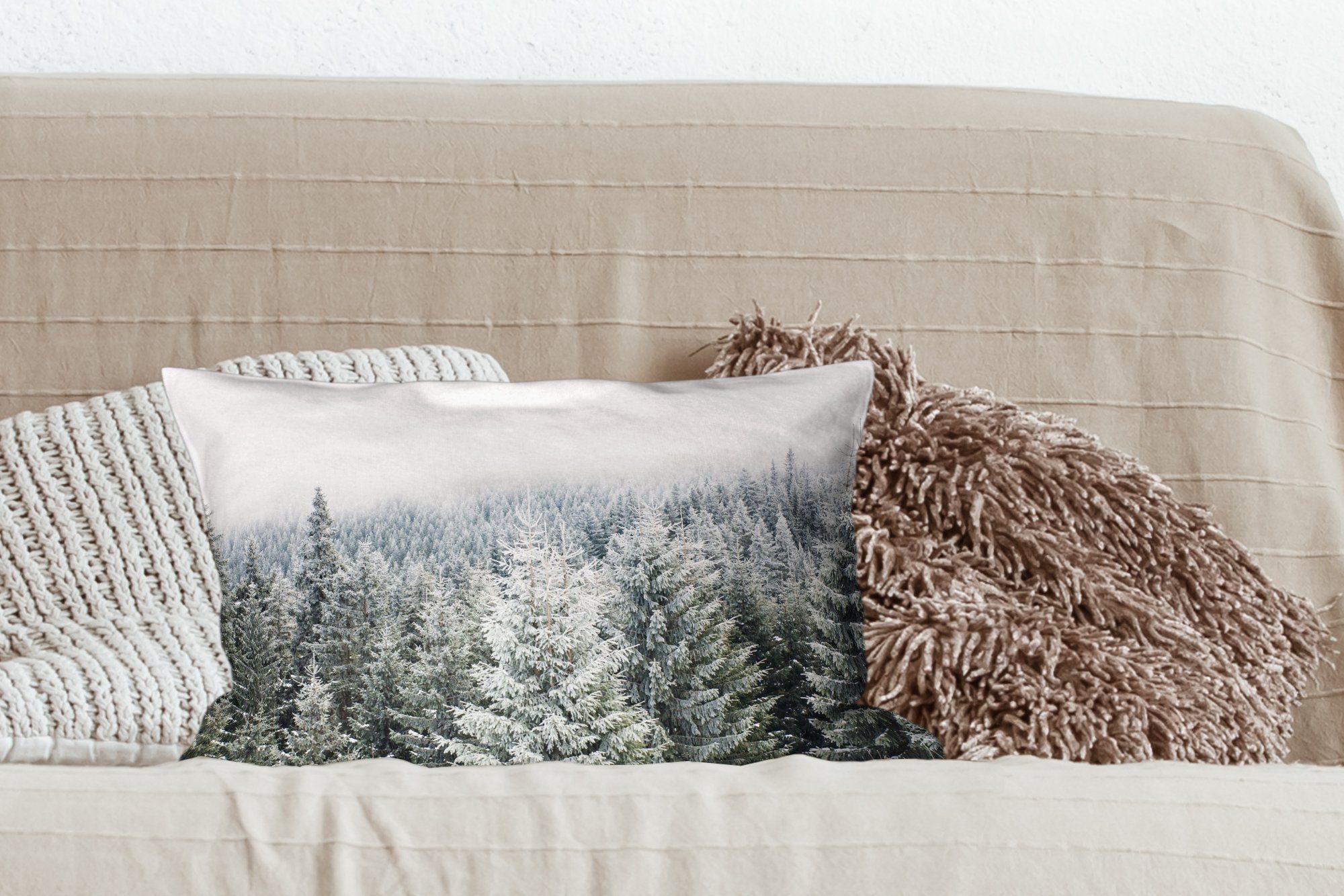 Jahreszeiten Dekokissen - - - Schnee Schlafzimmer - Füllung, mit Tannenbaum, Zierkissen, Dekokissen Wohzimmer MuchoWow Winter Wald Dekoration,