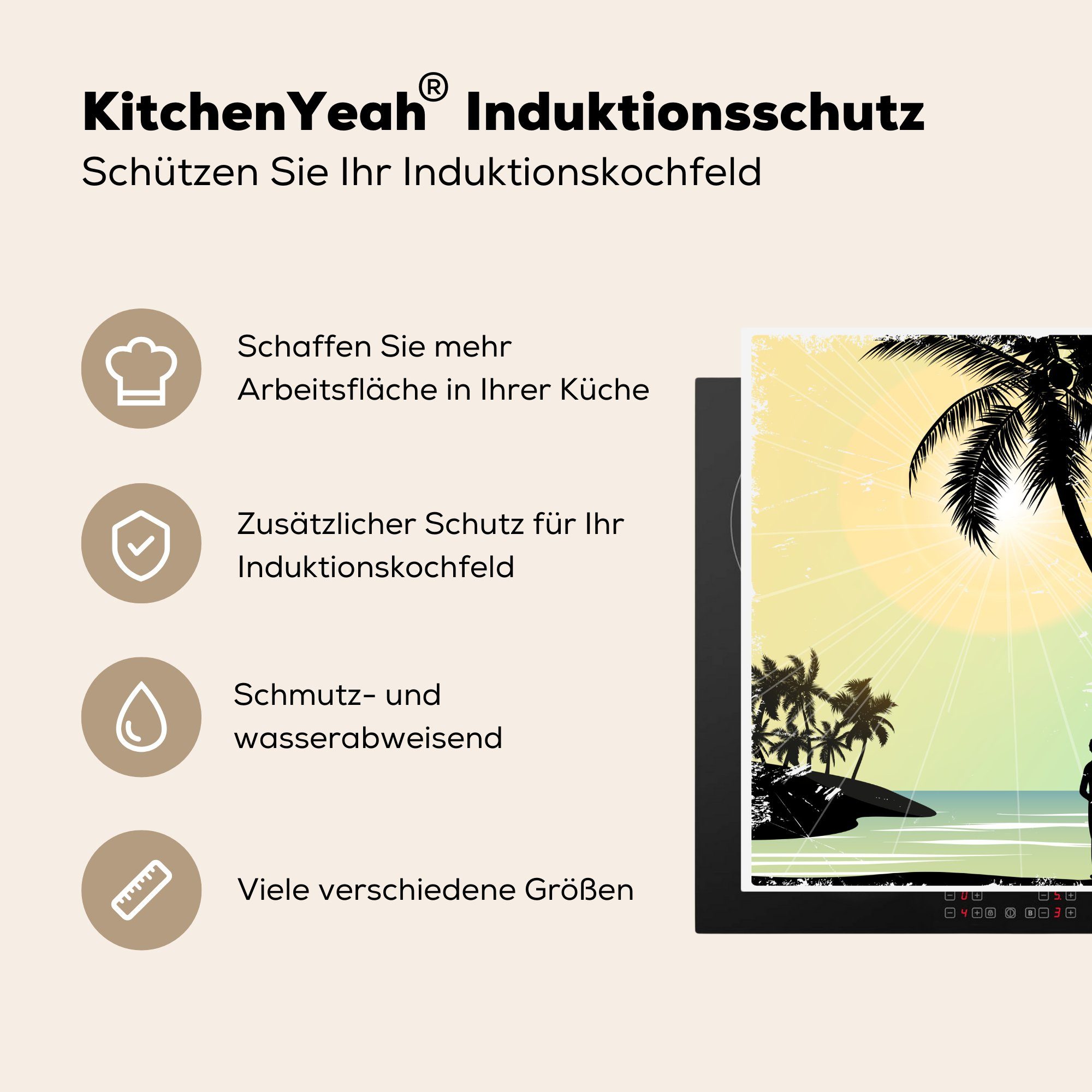 78x78 tlg), Palme Surfen, für - Ceranfeldabdeckung, Vinyl, MuchoWow - - küche Strand cm, Arbeitsplatte Sonne Herdblende-/Abdeckplatte (1