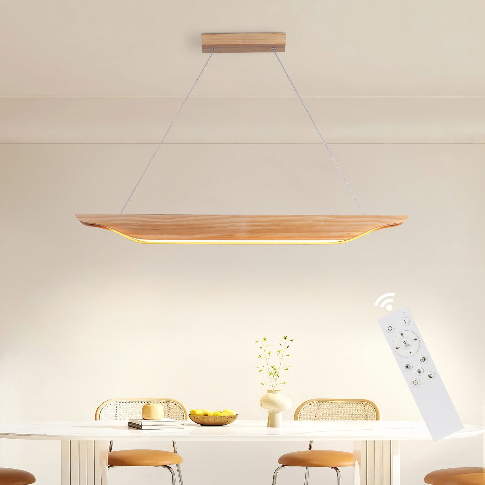 ZMH Pendelleuchte Esstisch 90 cm aus Holz, dimmbare Hängelampe mit Fernbedienung, LED fest integriert, Hängeleuchte 3000-6500 K, bis 130 cm Gesamthöhe
