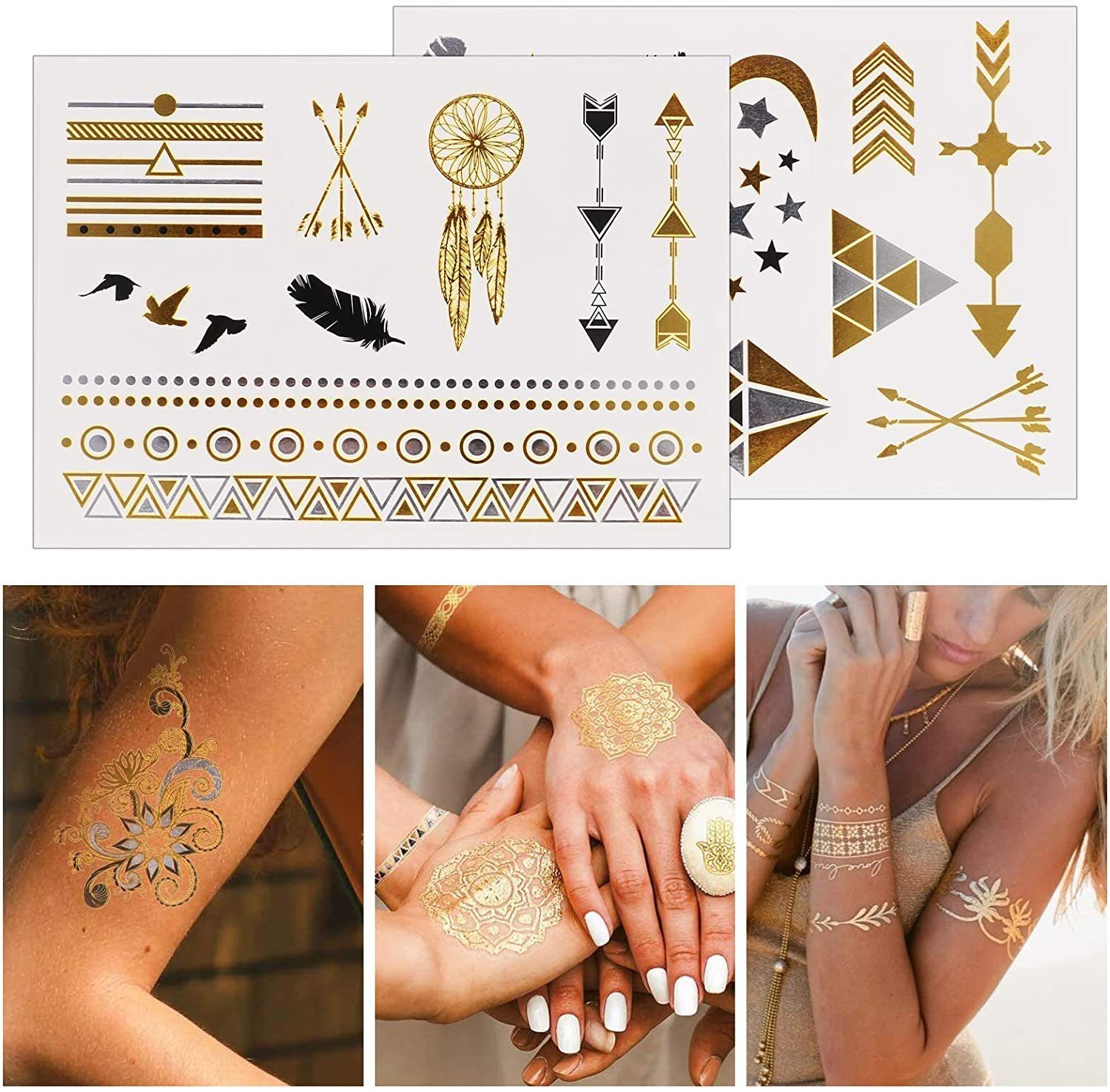COOL-i ® Schmuck-Tattoo, 16er Set Metallic Flash Tattoos - Gold, Silber, Schwarz, Wasserdicht