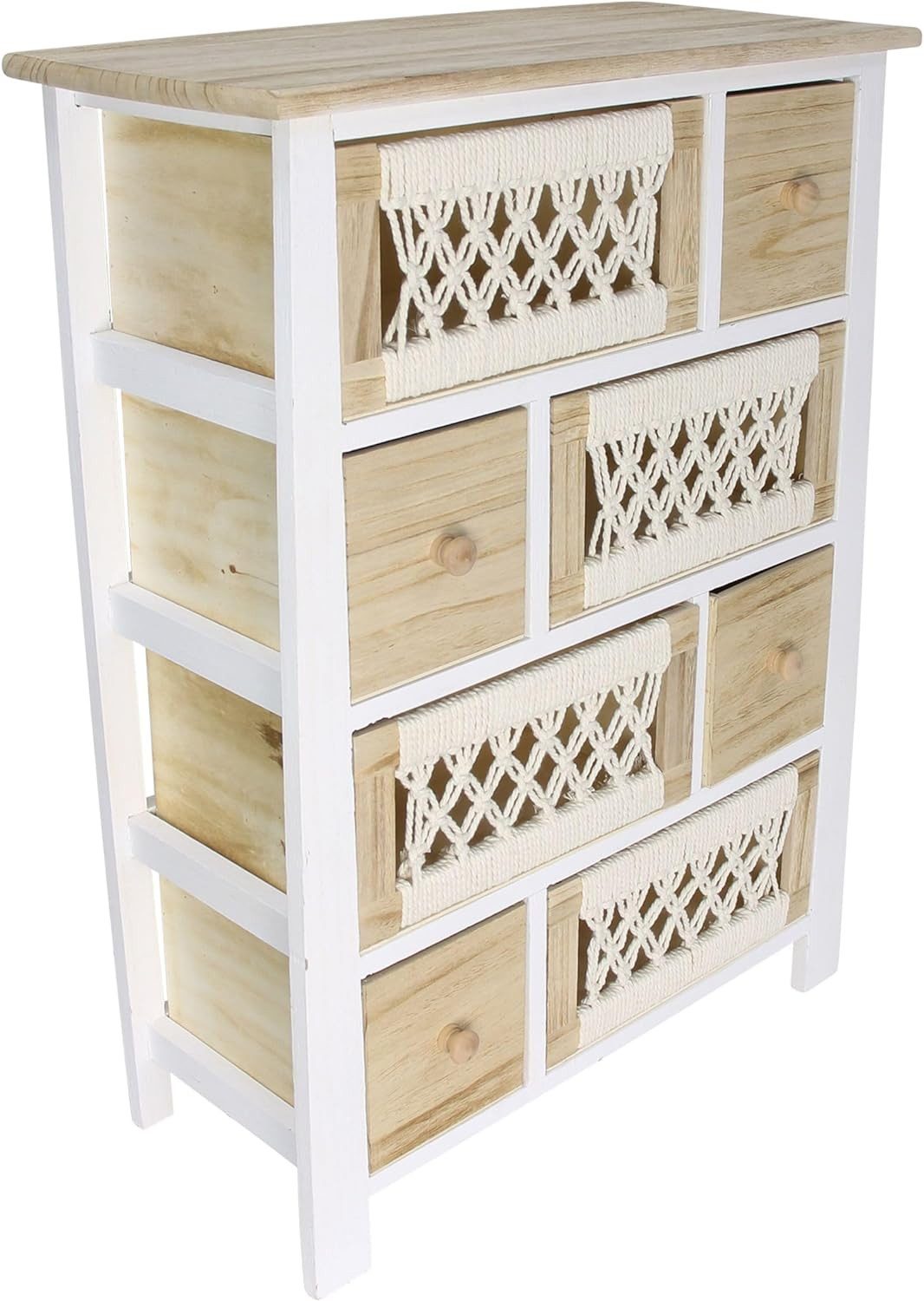 Dekoleidenschaft Schubkastenkommode Kommode "Makramee" aus Holz & Textil 56x77 cm, 8 Schubladen, Boho Chic, Schubladenkommode, kleine Holzkommode, Flurkommode, Nachtkommode