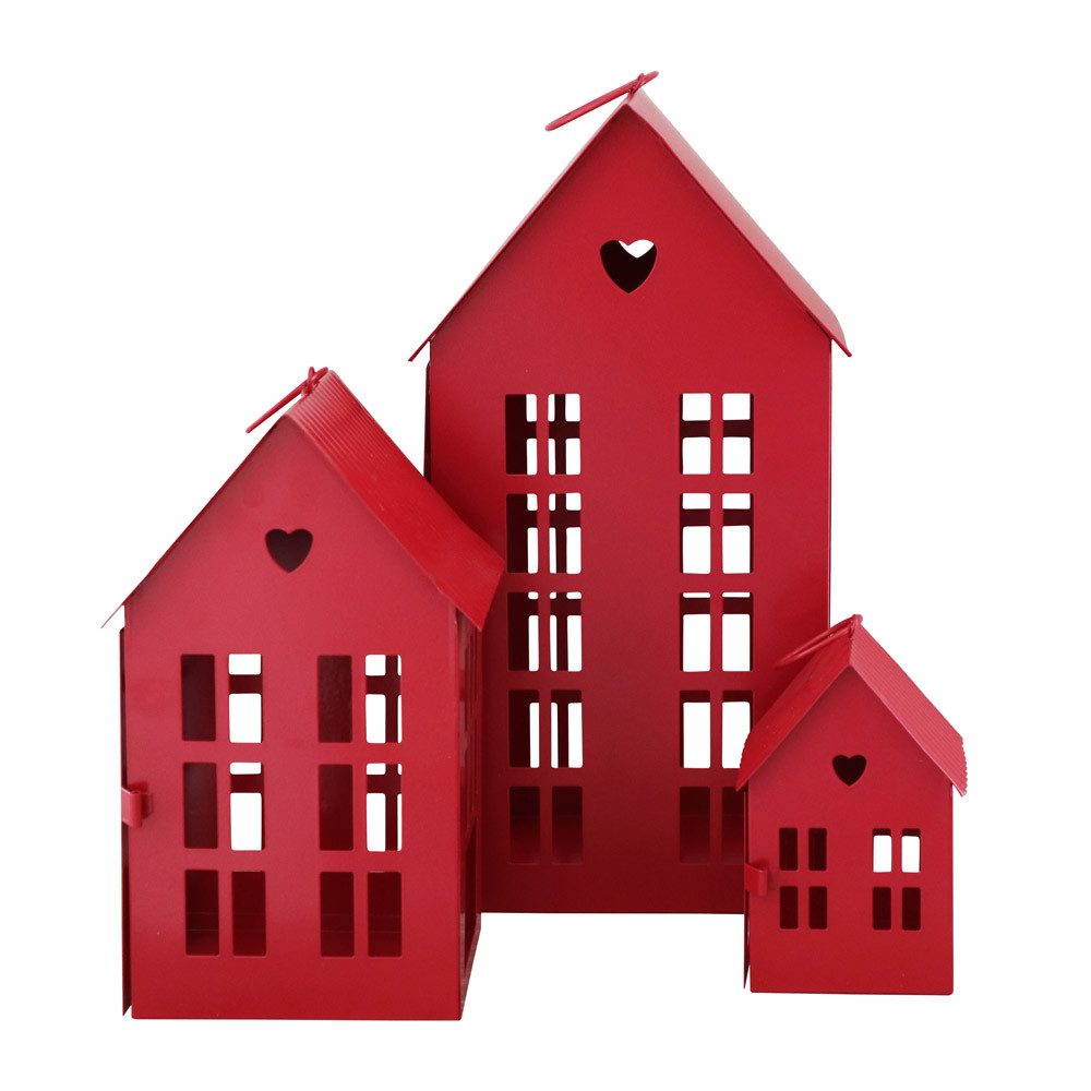 Grafelstein Kerzenlaterne 3tlg. Laterne HERZENSHAUS rot Haus Metall Lichterhaus mit Herzausschni