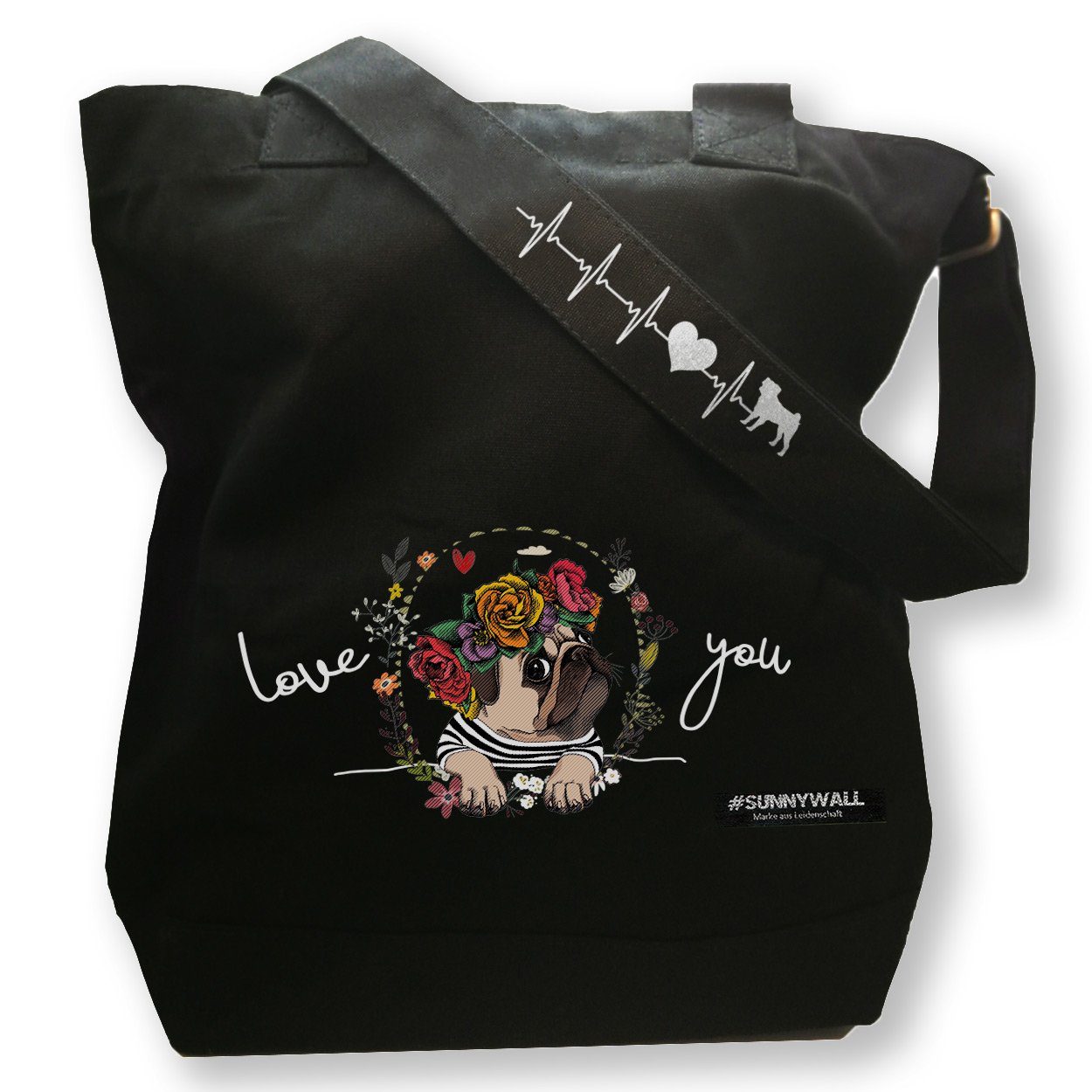 Sunnywall Freizeittasche Freizeittasche Canvas Mops Blumenkranz - Love You