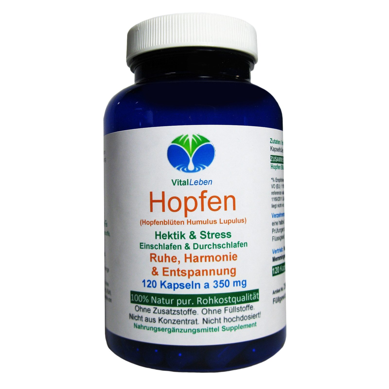 VitalLeben Hopfen naturreine Hopfenblüten zur Entspannung - Ohne Zusatzstoffe - Kapseln, 1 er Dose à 120 St., 42 g, Art. 26655-120