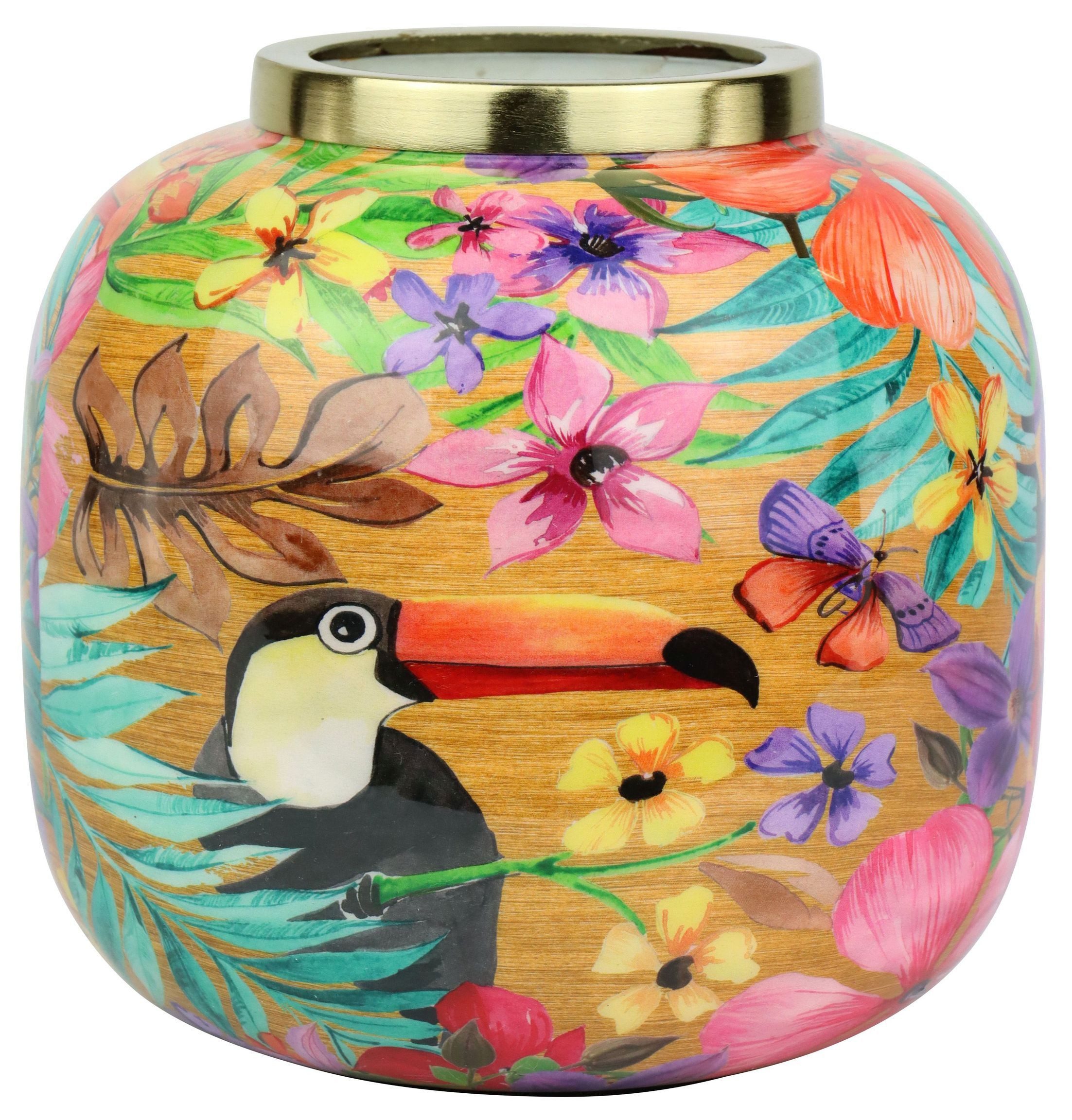 FURNARO Dekovase (1 St), Farbintensive Vase mit exotischem Vogelmotiv aus geprägtem Eisen
