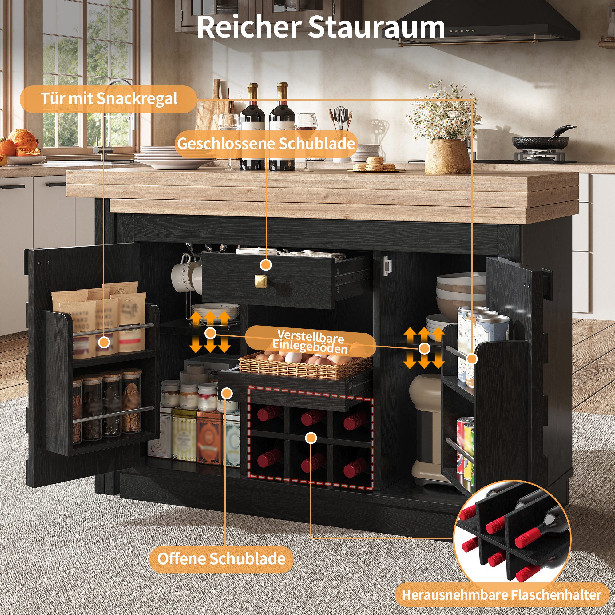 i@home Bartisch Kücheninsel 360° drehbar freistehend (ausziehbarer Küchenwagen mit Weinregal und Schubladen, 1-St), Seitenschrank Türen mit Würfeloptik, Esstisc – Bild 4 von 5