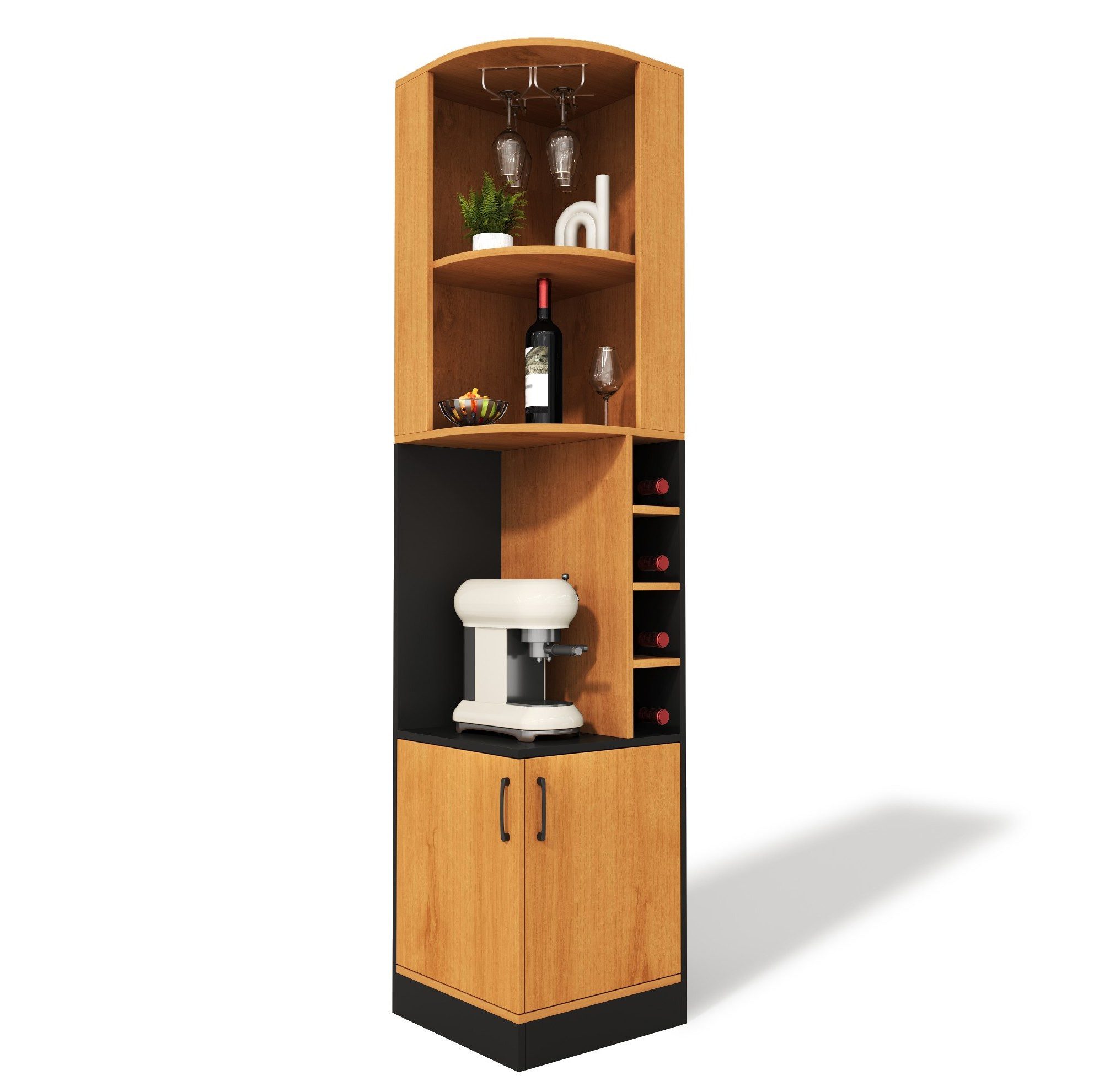 MODFU Eckschrank platzsparender Eck-Weinschrank (mit Weinglasregal, offenen Fächern, Weinfächern und geschlossenem Stauraum für Küche, Esszimmer & Wohnzimmer, 1-St., 40×40×182cm)
