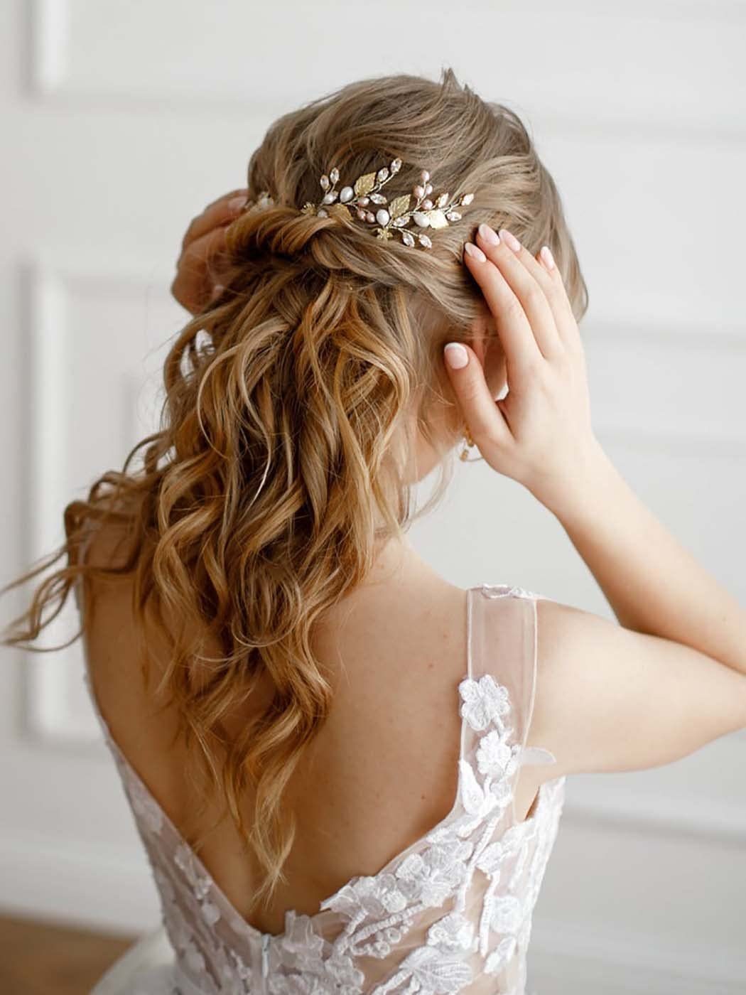 (1-tlg) WaKuKa Diadem Blattgold-Perlen-Haargabel, Braut-Kopfbedeckung U-förmige