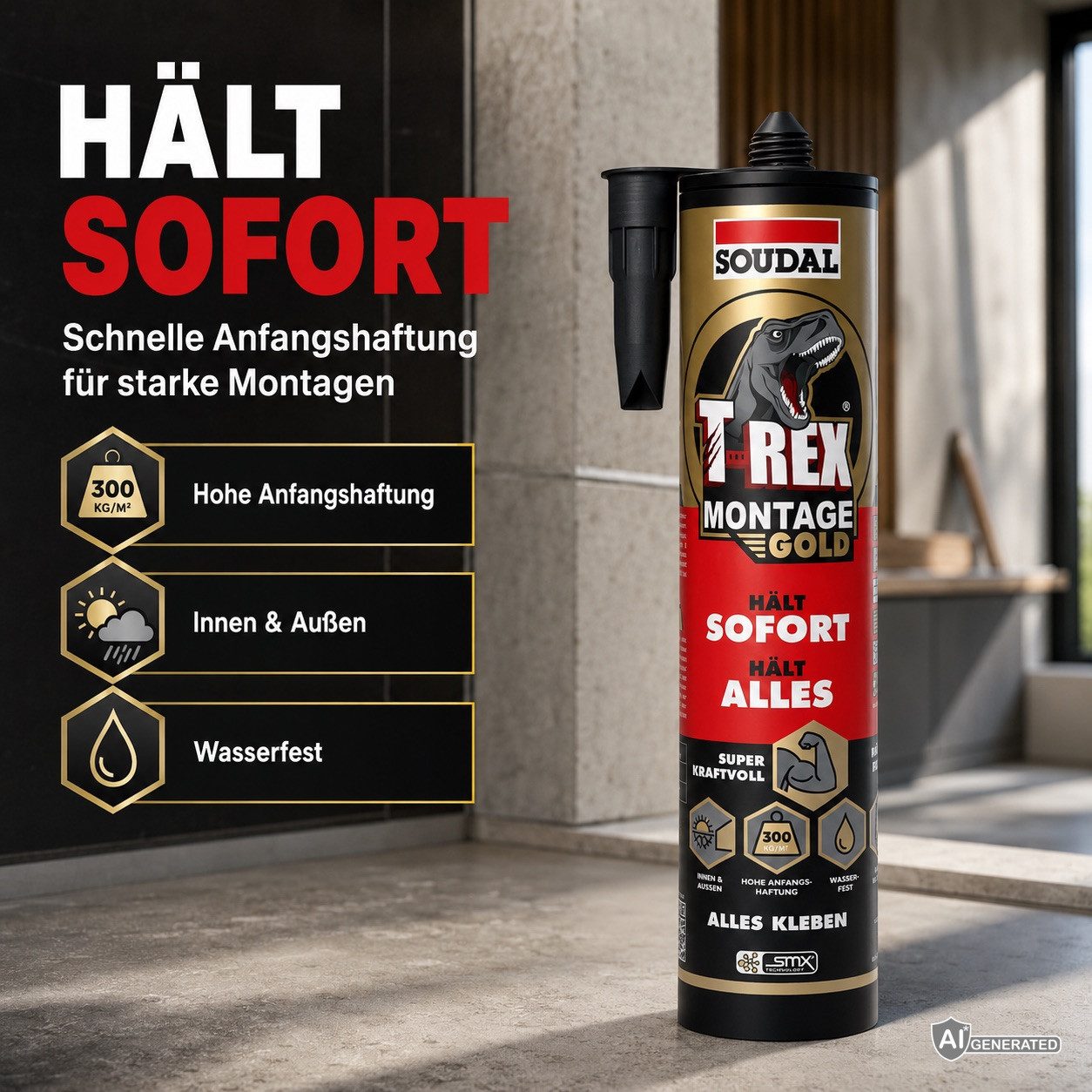SOUDAL Montagekleber T-Rex Montage Gold SMX-Polymer Dichtstoff, Extrem hohe Anfangshaftung für Bau, Profile & Platten