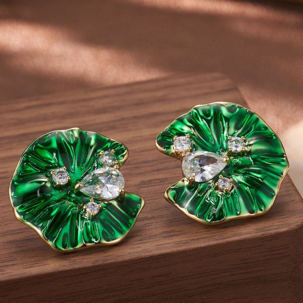 Geschenktüte 18K verkupfert Schmuck Ohrringe grüne Paar Inklusive (1-tlg), Ohrringe Gold Ohrstecker Invanter Lotusblätter