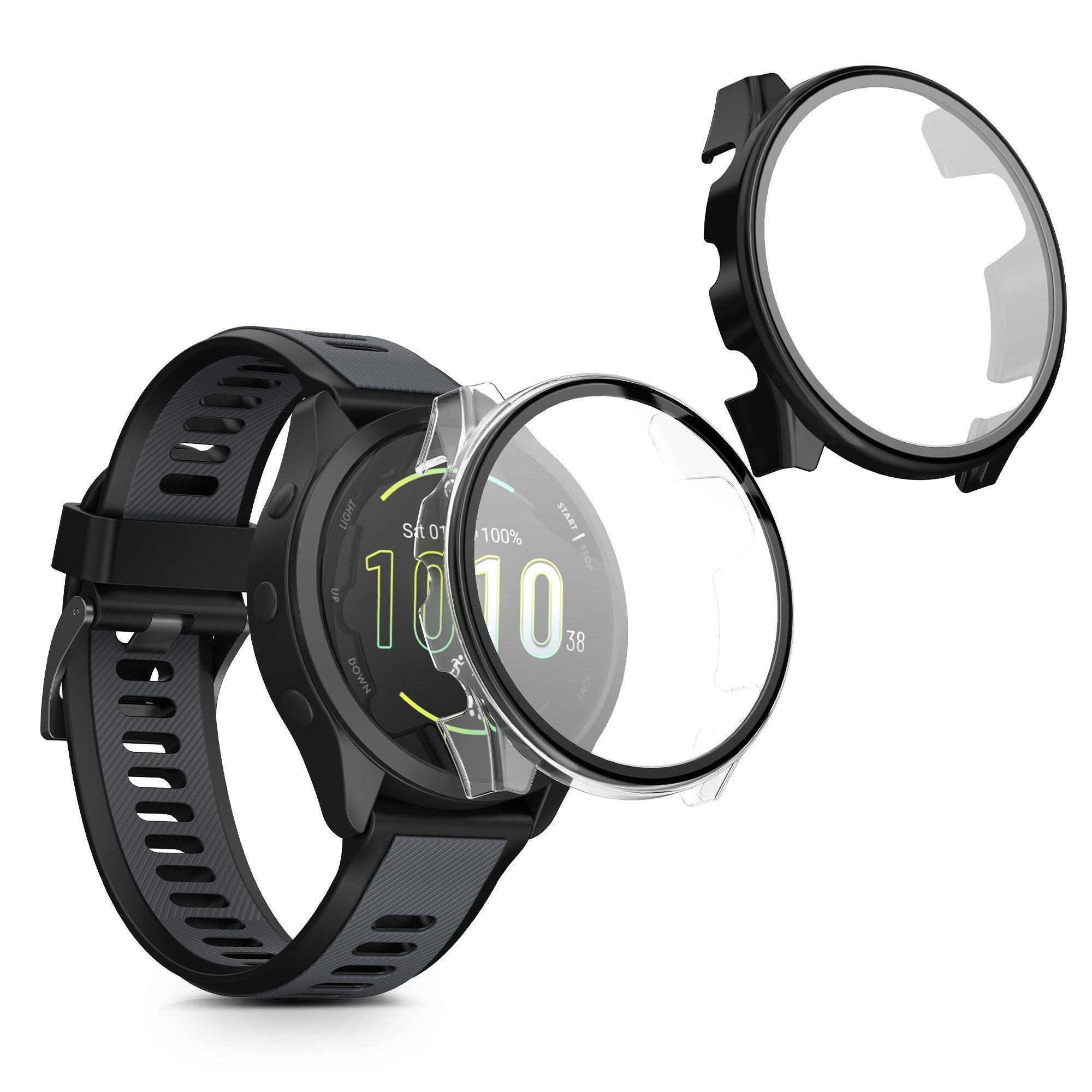 kwmobile Smartwatch-Hülle 2x Hülle für Garmin Forerunner 165 / Forerunner 165 Music, Fullbody Fitnesstracker Glas Cover Case Schutzhülle Set