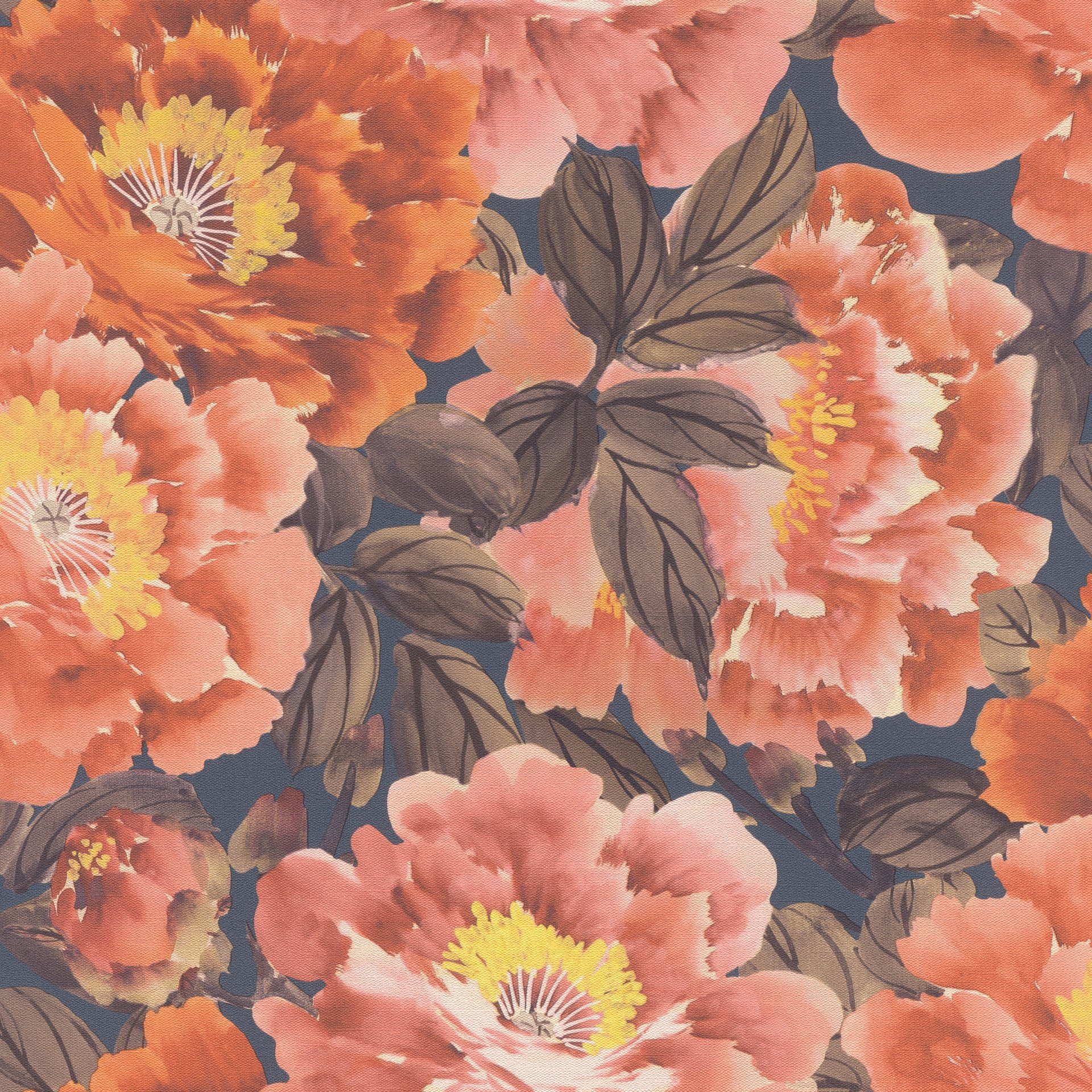 Rasch Vliestapete Kimono, strukturiert, floral, mehrfarbig, (1 St), gut lichtbeständig, hochwaschbeständig orange/blau/braun