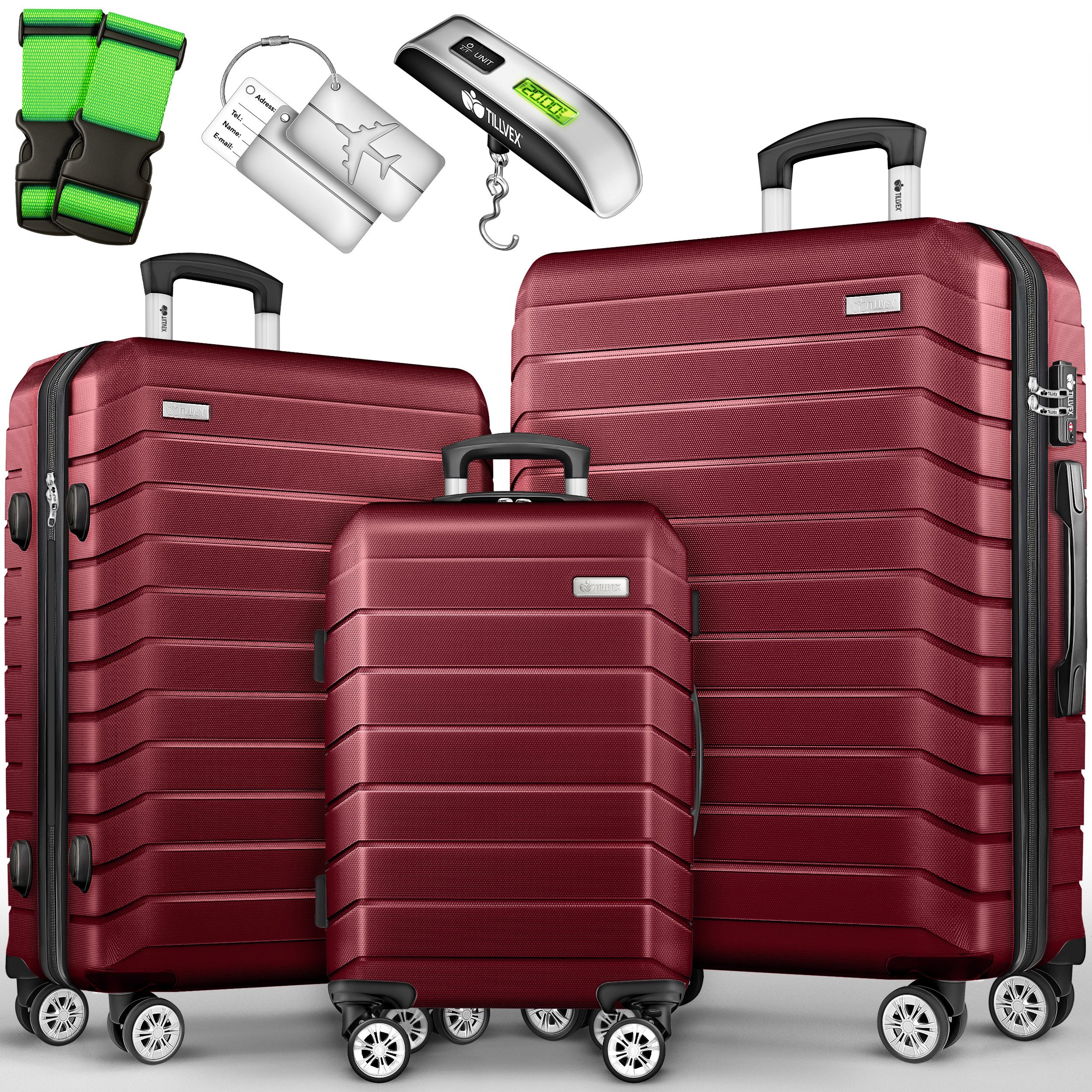 tillvex Trolleyset tillvex® Reisekoffer Set Koffer Hartschale Trolley Kofferset Tasche, (TSA Schloss Rollkoffer S-M-L-XL, 3 tlg., 4 Rollen Trolley Gepäck Koffer), Reisekoffer Set 3-TLG. + Gepäckwaage, 6X Gurte & 3X Anhänger Kofferset
