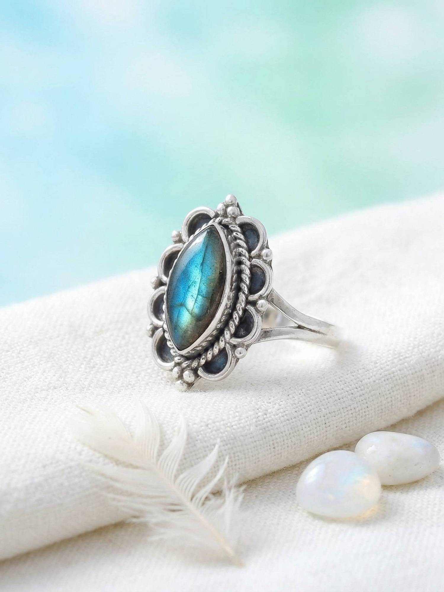 mantraroma Silberring MALUHIA aus 925 Silber mit Labradorit (Ring mit Schmuckbeutel), Damenring aus 925er Silber