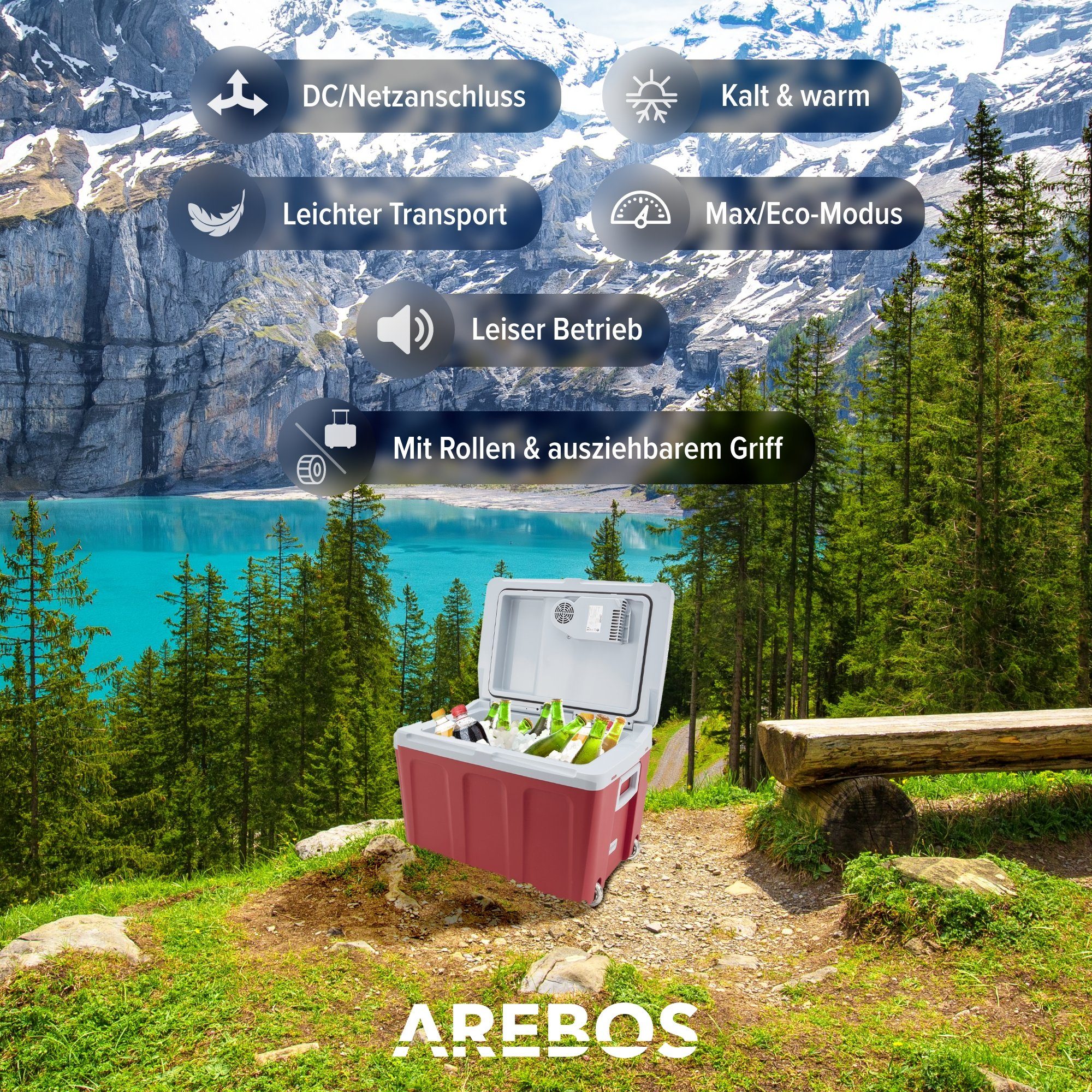 Arebos Elektrische Kühlbox 40L, Mobil Kühlschrank ECO Modus, Kühlen & Warmhalten, 2 Programme: COLD & HOT