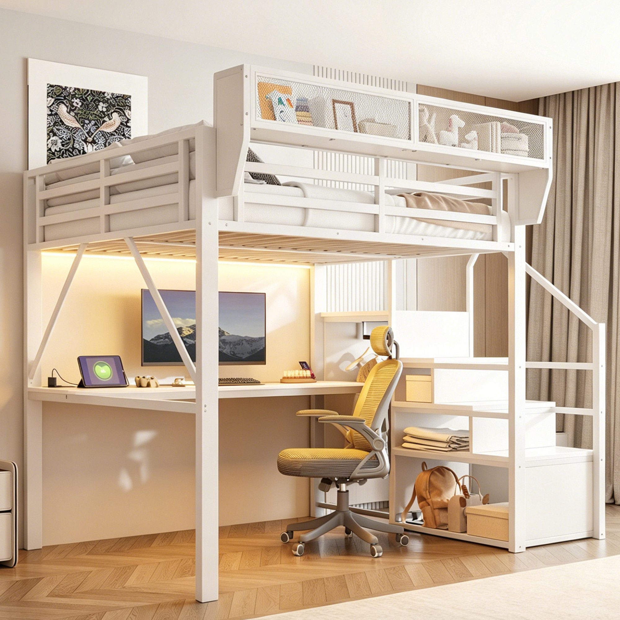 Odikalo Hochbett Metall-JugendEinzelbett mit LED-Lichtleiste langem Schreibtisch (Sicherheitsleiter und flexiblem Stauraum–universelles Metallbett für Erwachsene und Kinder Weiß/Schwarz)