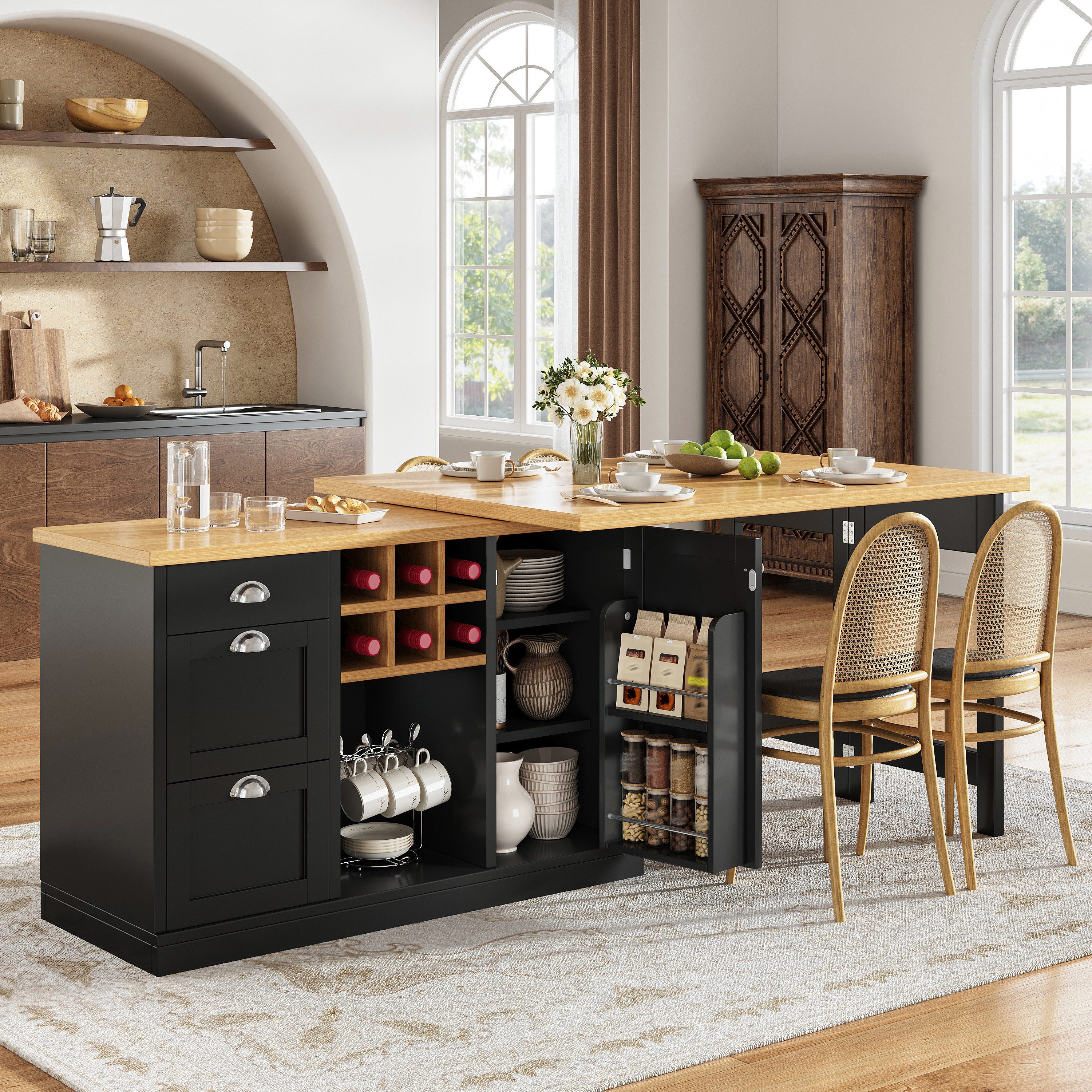 HAUSS SPOLE Kücheninsel Bartisch mit Metallgriffe & Schublade,Küchentisch 360° drehbar,Schwarz, (Küchenschrank Multifunktionstisch mit Holzmaserungsoptik und ausziehbarem Tischkonzept), Buffetschrank mit 360°-Drehfunktion