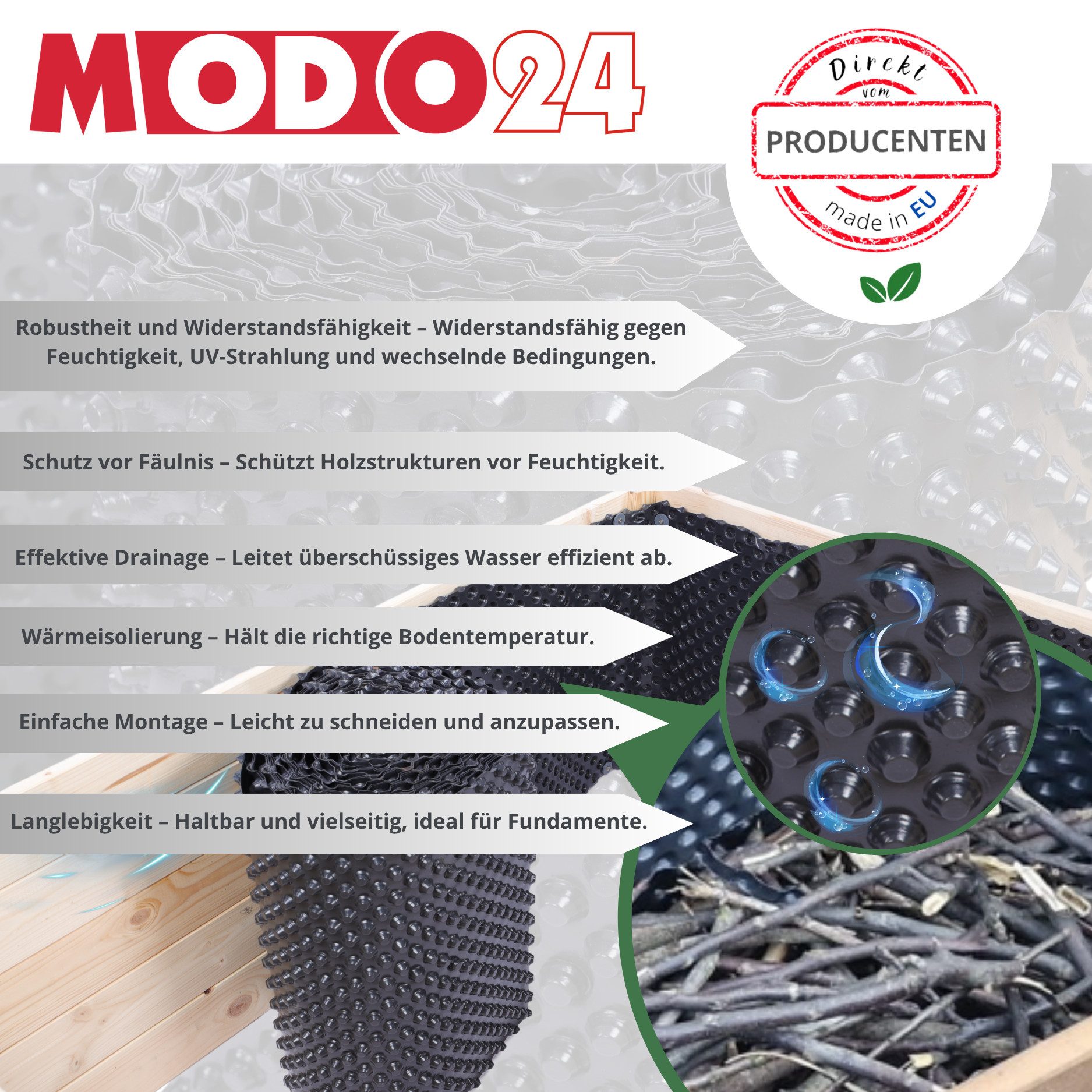Modo24 Abdeckfolie Noppenfolie für Hochbeete, Noppenbahn mit Montageset, Hochbeetfolie, für Holzkonstruktionen, Schutzfolie, Drainagefolie, Noppenmembran, Dichtungsbahn, Isolierfolie, Abdichtung