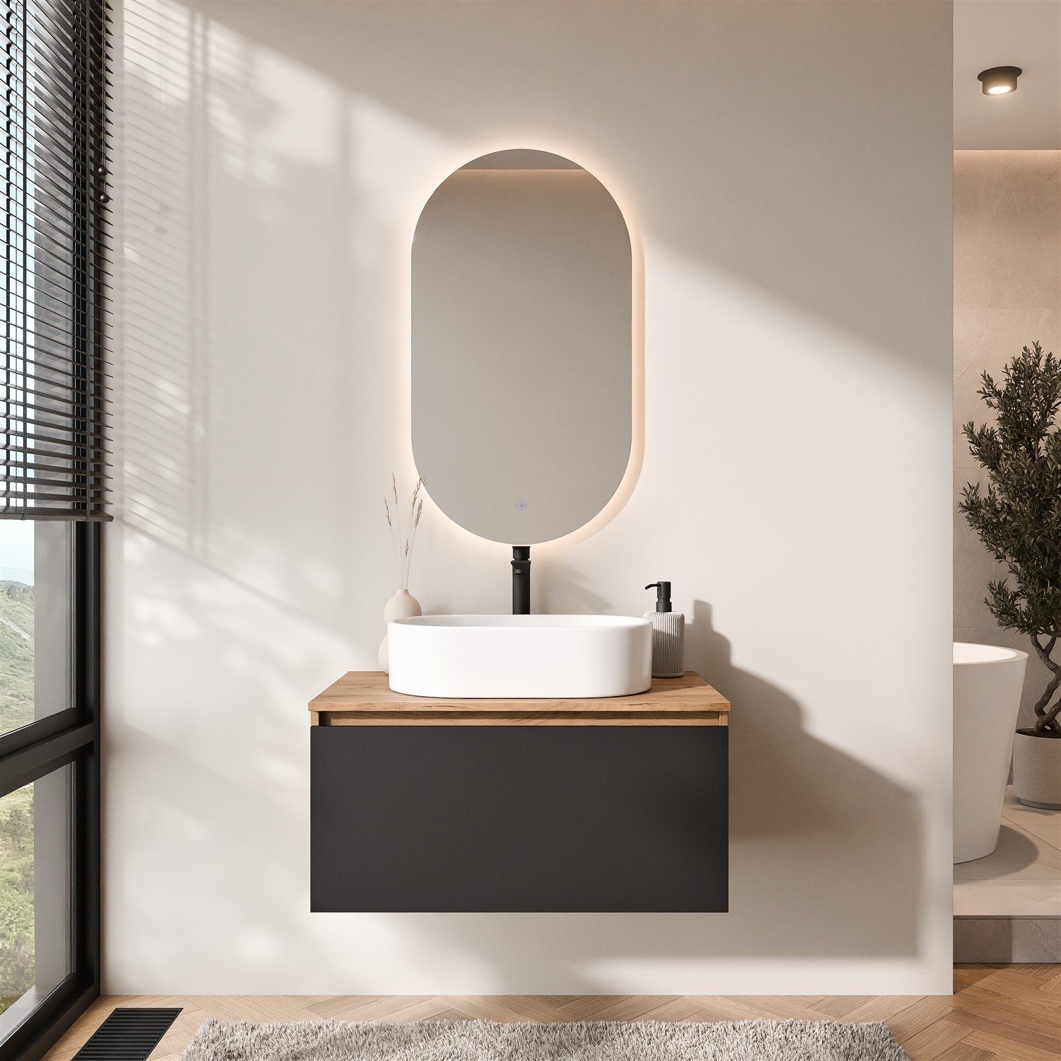 Planetmöbel Badmöbel-Set Arisa Badezimmer Set 3 teilig, Spiegel mit Beleuchtung 50 x 90 cm, (Badmöbel Set mit Waschbecken 55 cm, 3-St., Waschtischunterschrank hängend für Gäste WC & Bad), Schublade mit Soft-Close, Spiegel mit Dimm-Funktion