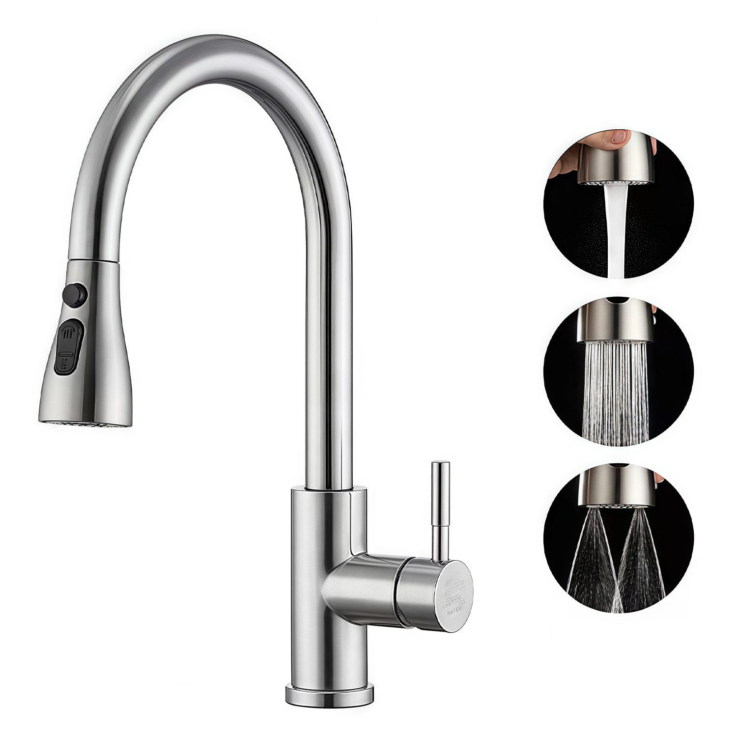 MOPUEA Küchenarmatur Wasserhahn Küche,Küchenarmatur mit Herausziehbarer,Armatur Küche 360° (Küchenarmatur / Spültischarmatur, Ausziehbare Küchenarmatur 304 Edelstahl mit 3 Wasser Modi) 3 Modi, 360° drehbar, ausziehbar, Edelstahl 304, warm/kalt