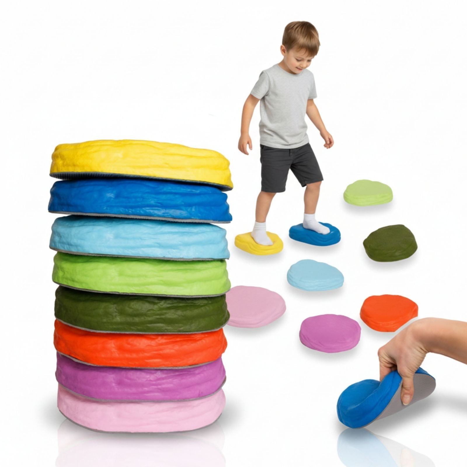 alldoro Balanceboard Soft-Balanciersteine 8er Set - extra weiche Stapelsteine für Kinder, flexibler Schaumstoff, rutschfeste Rückseite, Gleichgewichtstraining