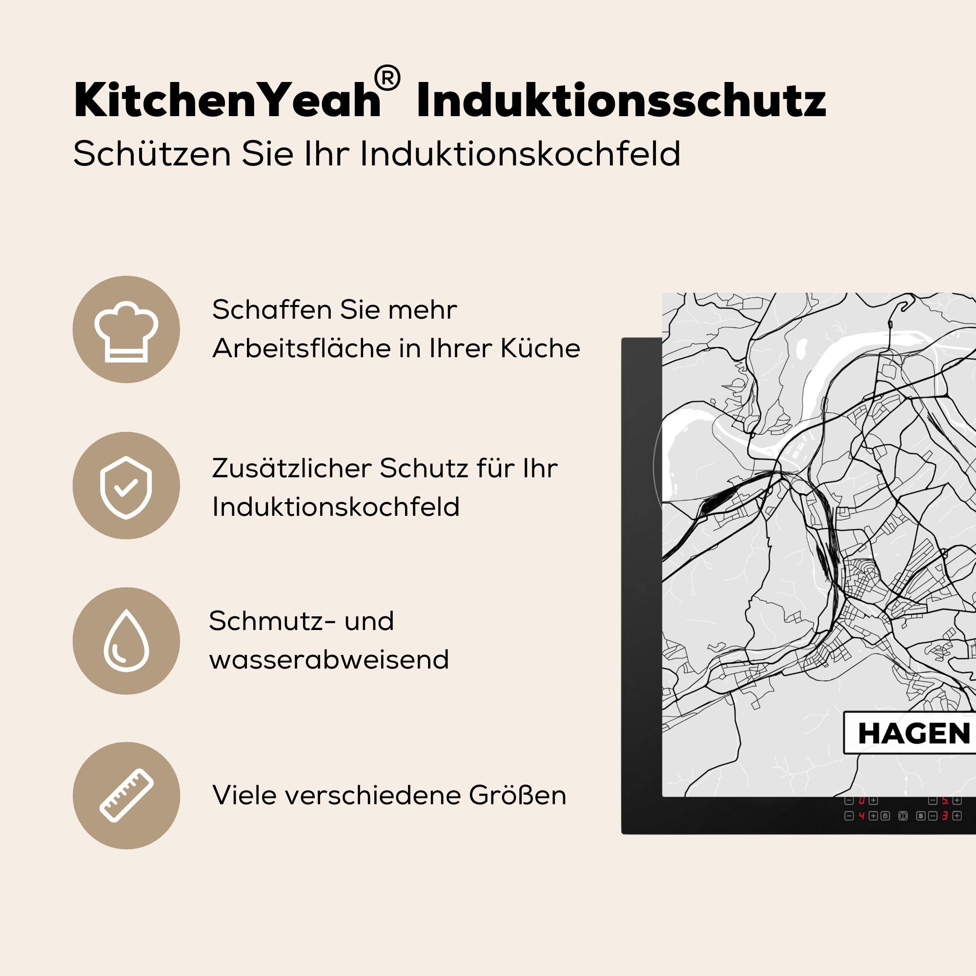 Hagen, Arbeitsplatte Vinyl, - Deutschland Herdblende-/Abdeckplatte für cm, tlg), - Karte Stadtplan - Ceranfeldabdeckung, 78x78 MuchoWow (1 küche