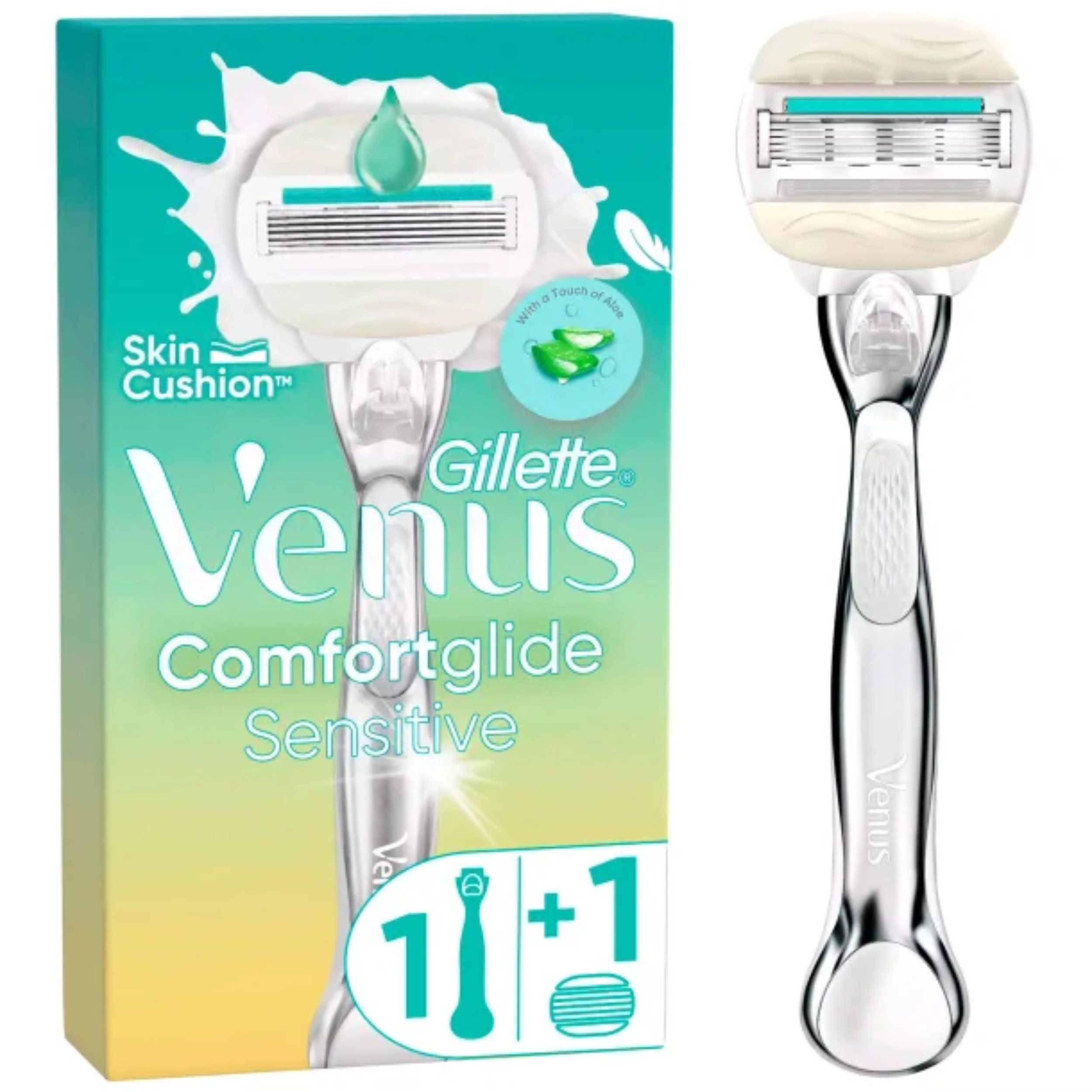 Gillette Venus Rasierset Comfortglide Sensitive, 4-tlg., für empfindliche Haut mit Gel, Rasierer & 6 Ersatzklingen