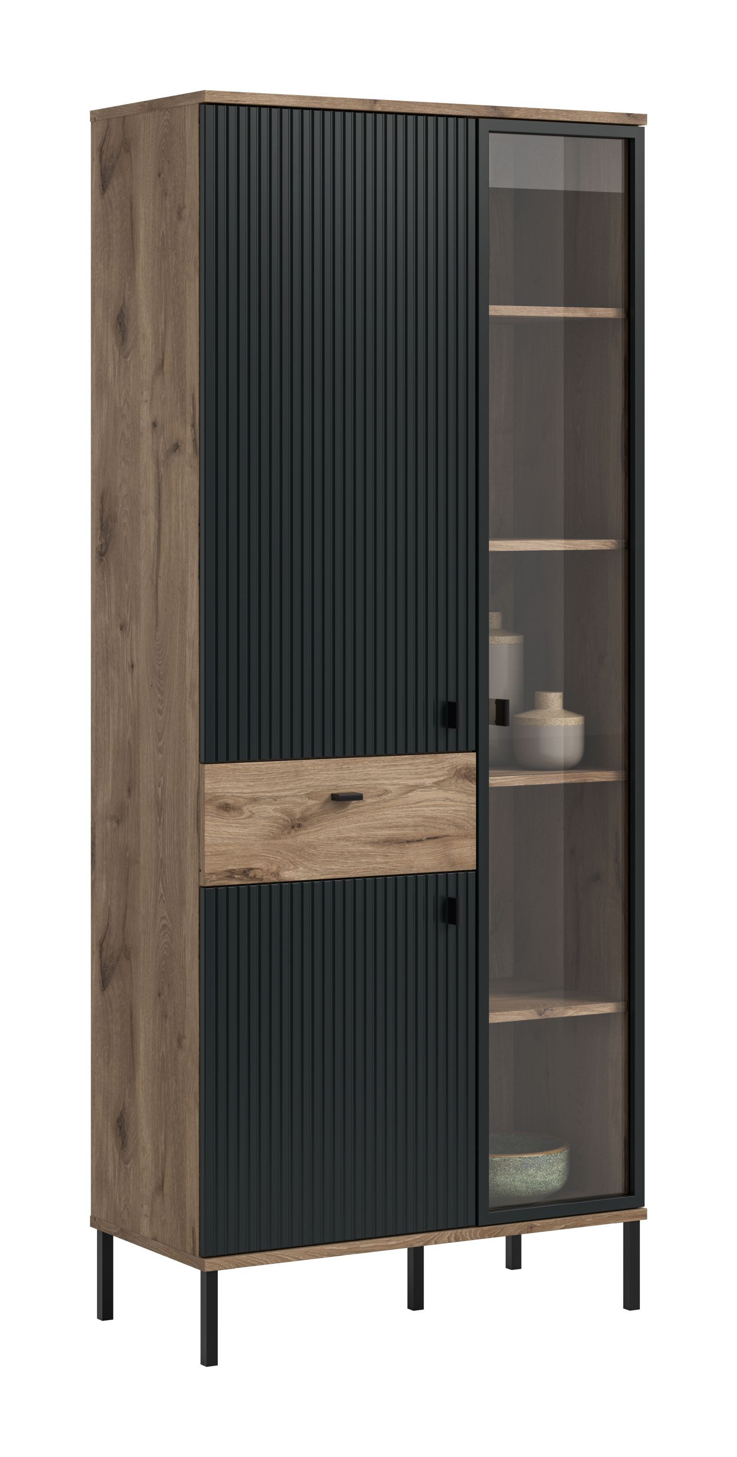 xonox.home Standvitrine in Nox Oak Nachbildung/ schwarz tiefzieh B/H/T: 83x198x41 cm