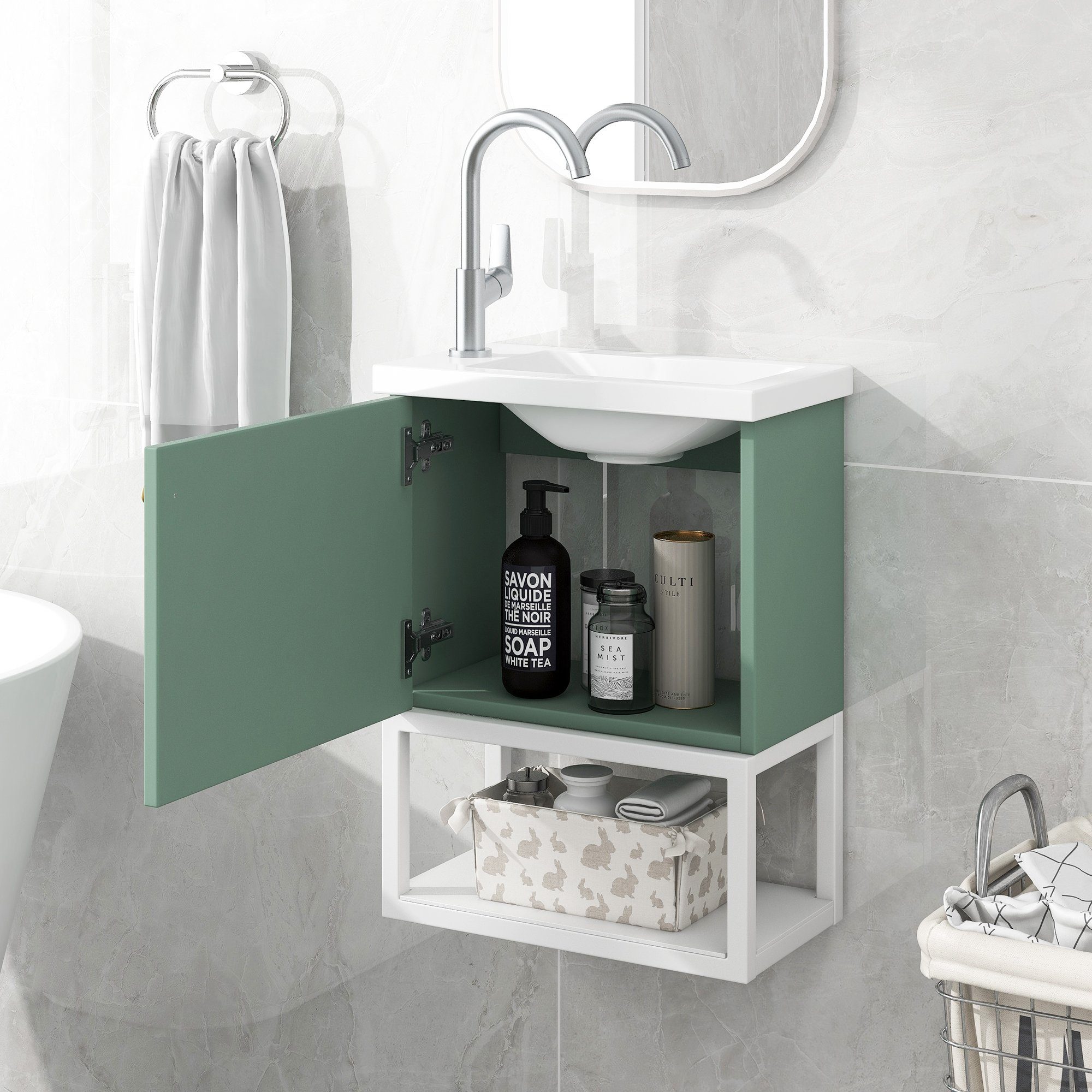 REDOM Waschbeckenunterschrank Badezimmermöbel Waschbecken mit  Waschtischunterschrank 40 cm (Waschtischunterschrank hängend weiß und grün)