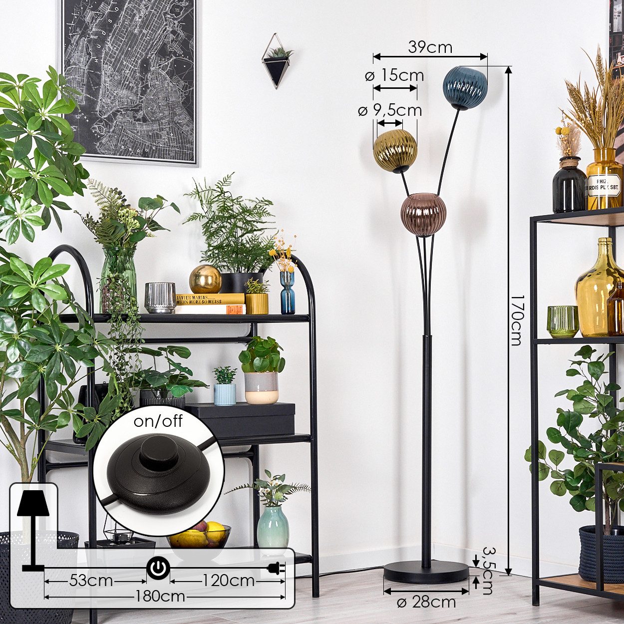 hofstein Stehlampe Stehlampe aus Metall/Riffelglas in Schwarz/Blau/Gold-/Kupferfarben, Stehleuchte Retro/Vintage, Ø Schirme 15 cm, Fußschalter, 170 cm, E14