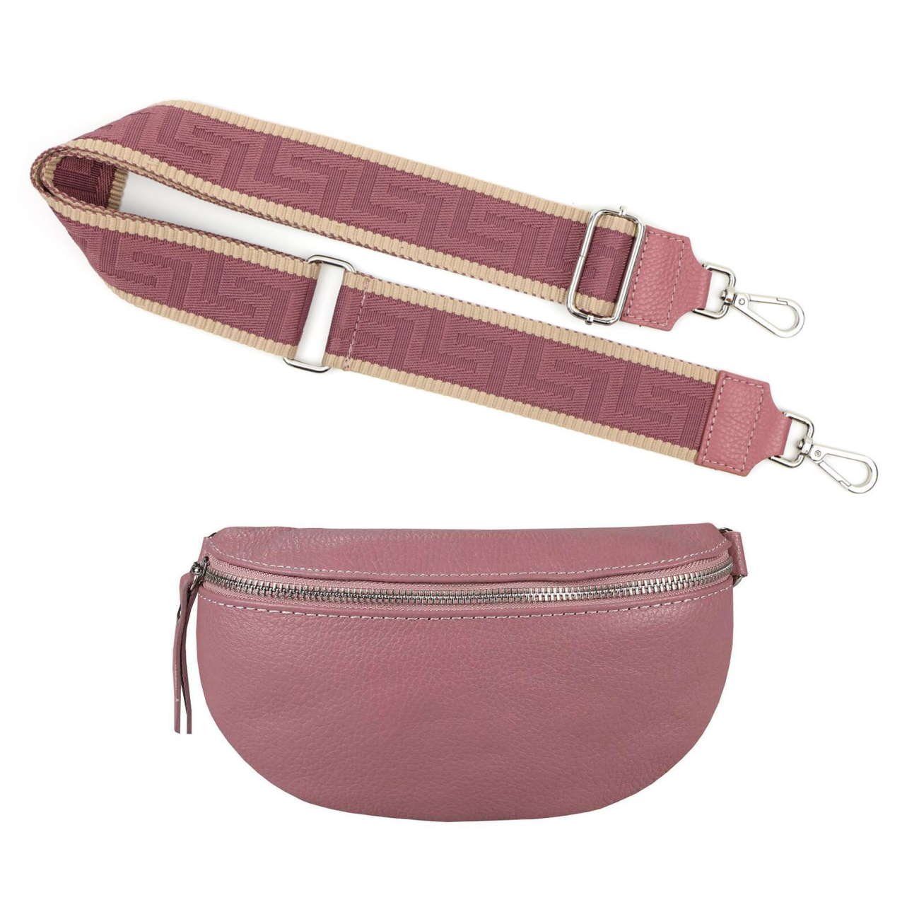 ITALYSHOP24 Bauchtasche Made in Italy Damen Leder Gürteltasche Hüfttasche Brusttasche Bodybag (Spar-Set aus einer Tasche mit dem Ledergurt und einem breitem Stoffgurt/Umhängeband, Crossbody Bag mit zusätzlichen Riemen), 1 Tasche & 2 Gurte, Schultertasche, Umhängetasche